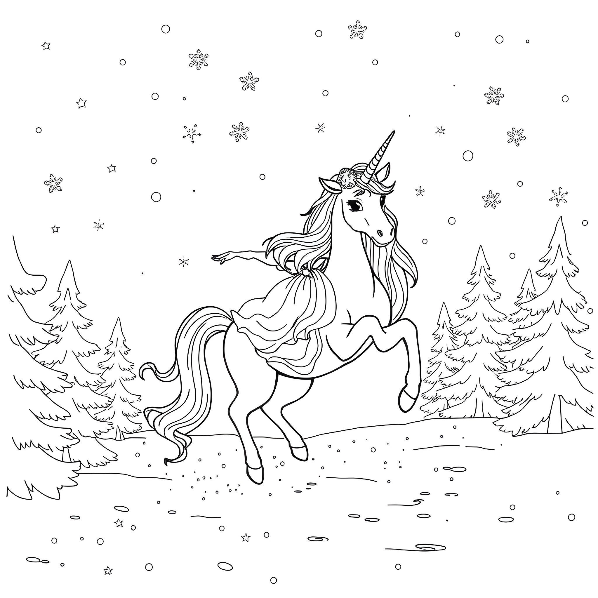 Unicorn galloping through a snowy forest Coloring Page (free black-and-white line drawing printable PDF for all, from beginners to advanced learners, including children, teens, adults, and seniors)