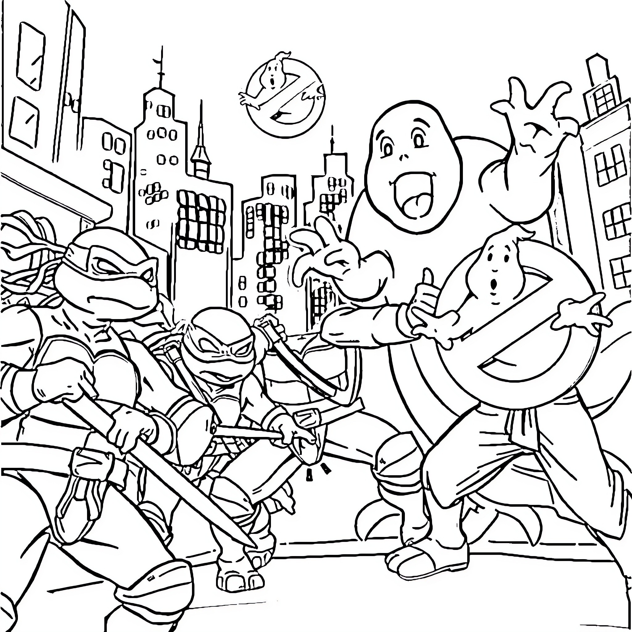 Ninja Turtle characters in an animated city scene Coloring Page (free black-and-white line drawing printable PDF for all, from beginners to advanced learners, including children, teens, adults, and seniors)