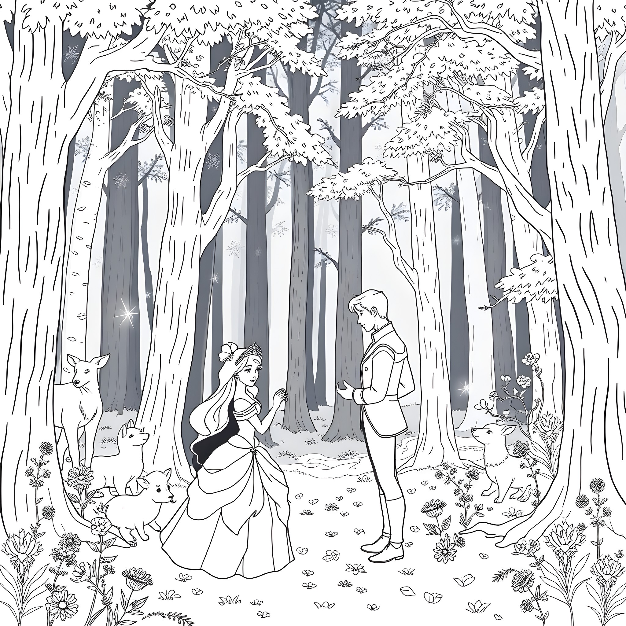 Aurora's Enchanted Forest Adventure Coloring Page (free black-and-white line drawing printable PDF for all, from beginners to advanced learners, including children, teens, adults, and seniors)