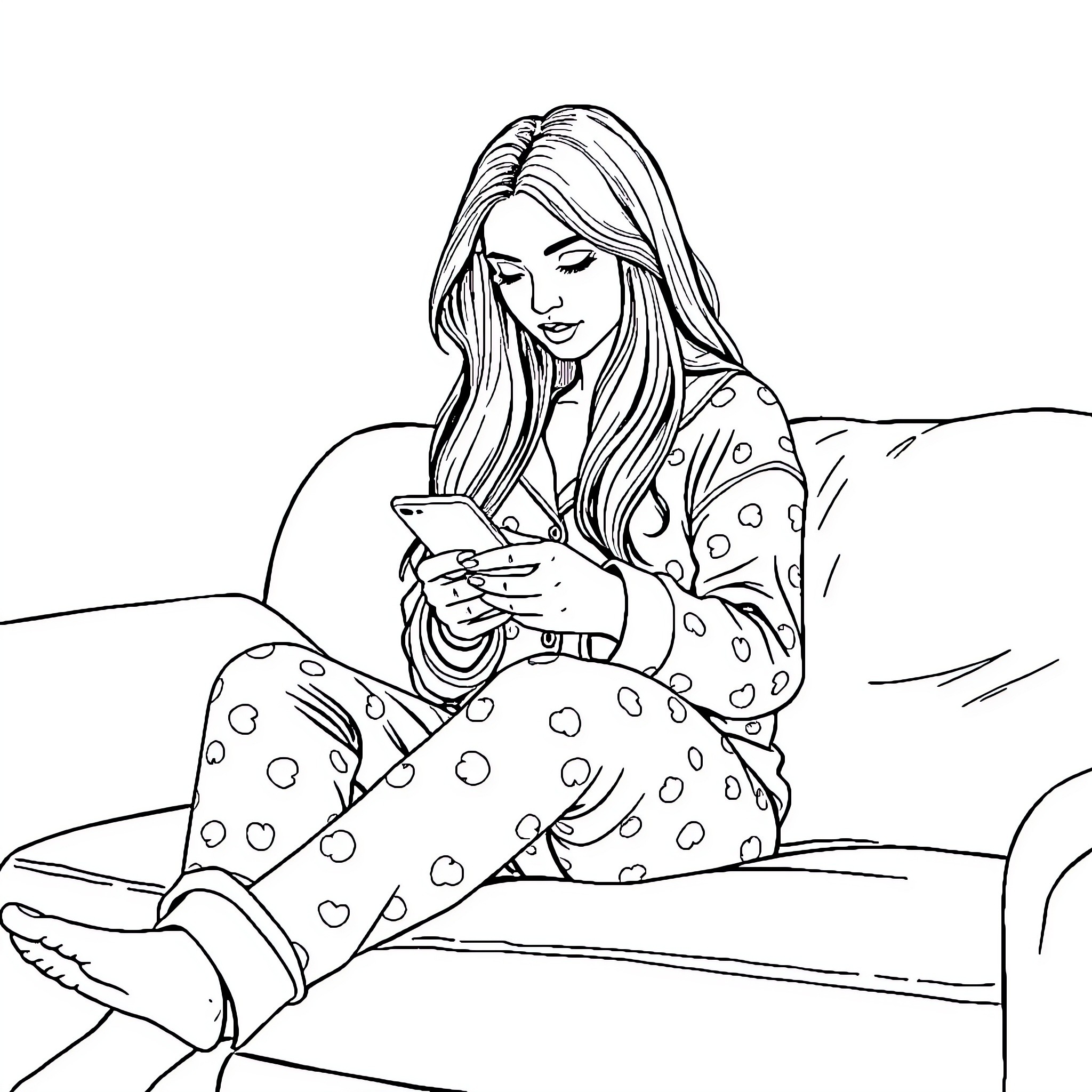 Woman relaxing and using smartphone on couch Coloring Page (free black-and-white line drawing printable PDF for all, from beginners to advanced learners, including children, teens, adults, and seniors)