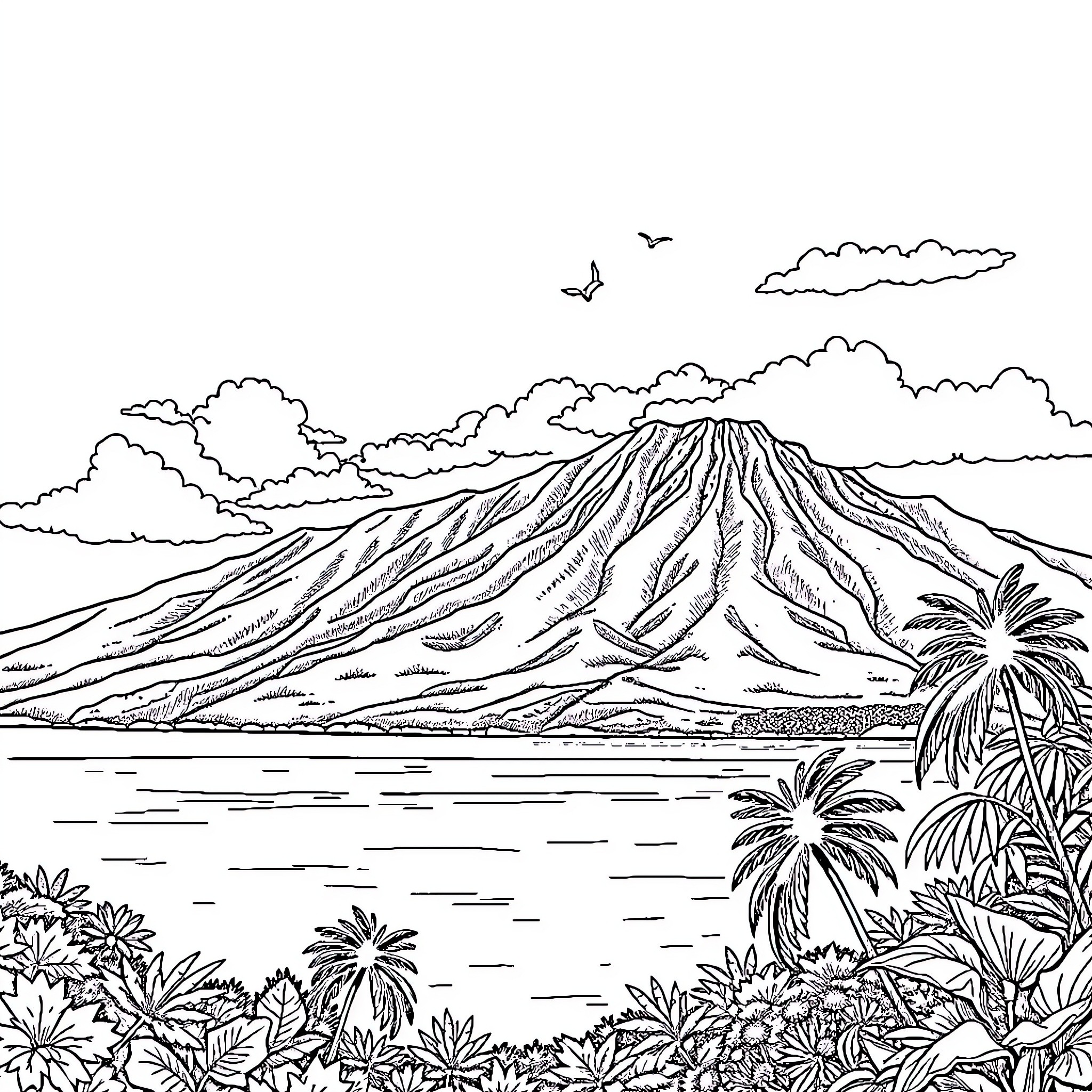Nature's Majestic Mountain Landscape Coloring Page (free black-and-white line drawing printable PDF for all, from beginners to advanced learners, including children, teens, adults, and seniors)