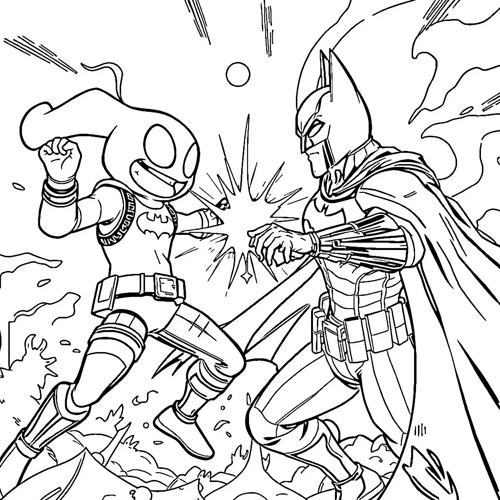 Peely in an epic battle with a heroic warrior Coloring Page (free black-and-white line drawing printable PDF for all, from beginners to advanced learners, including children, teens, adults, and seniors)