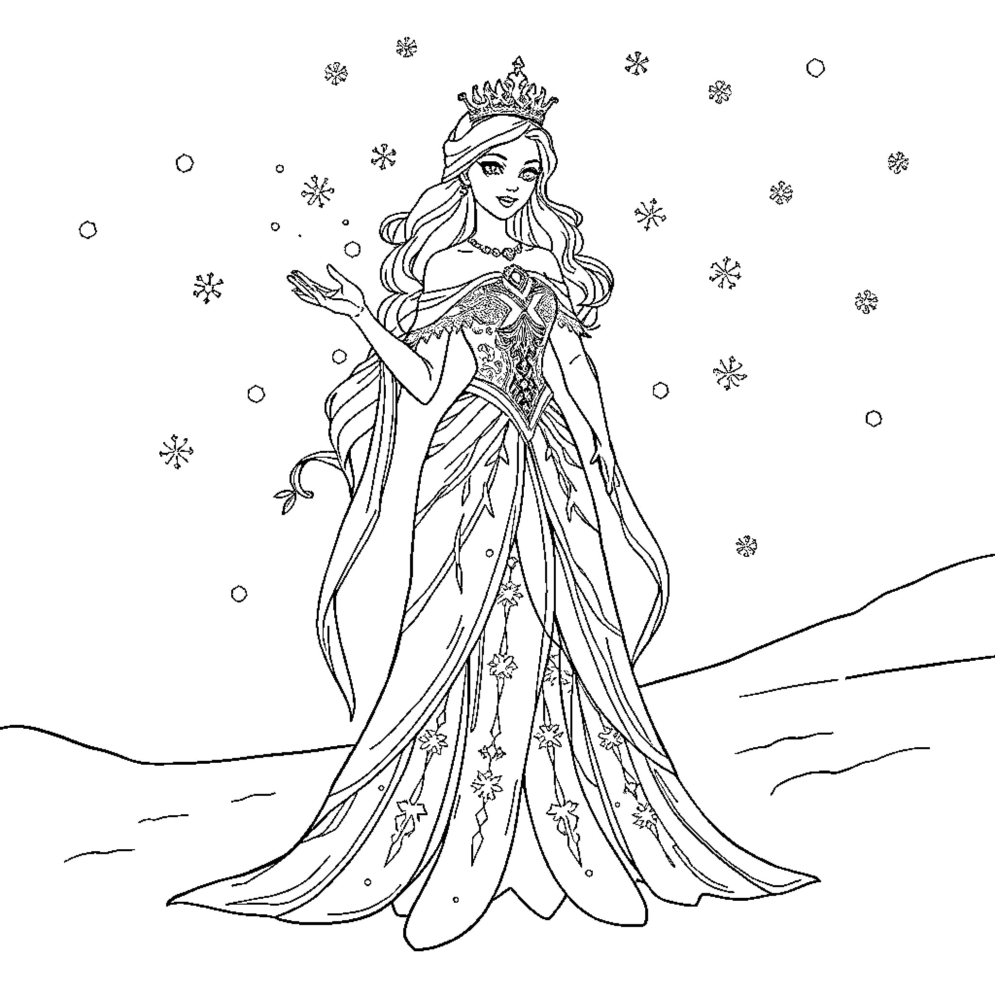 Snow Queen waving in elegant winter attire Coloring Page (free black-and-white line drawing printable PDF for all, from beginners to advanced learners, including children, teens, adults, and seniors)