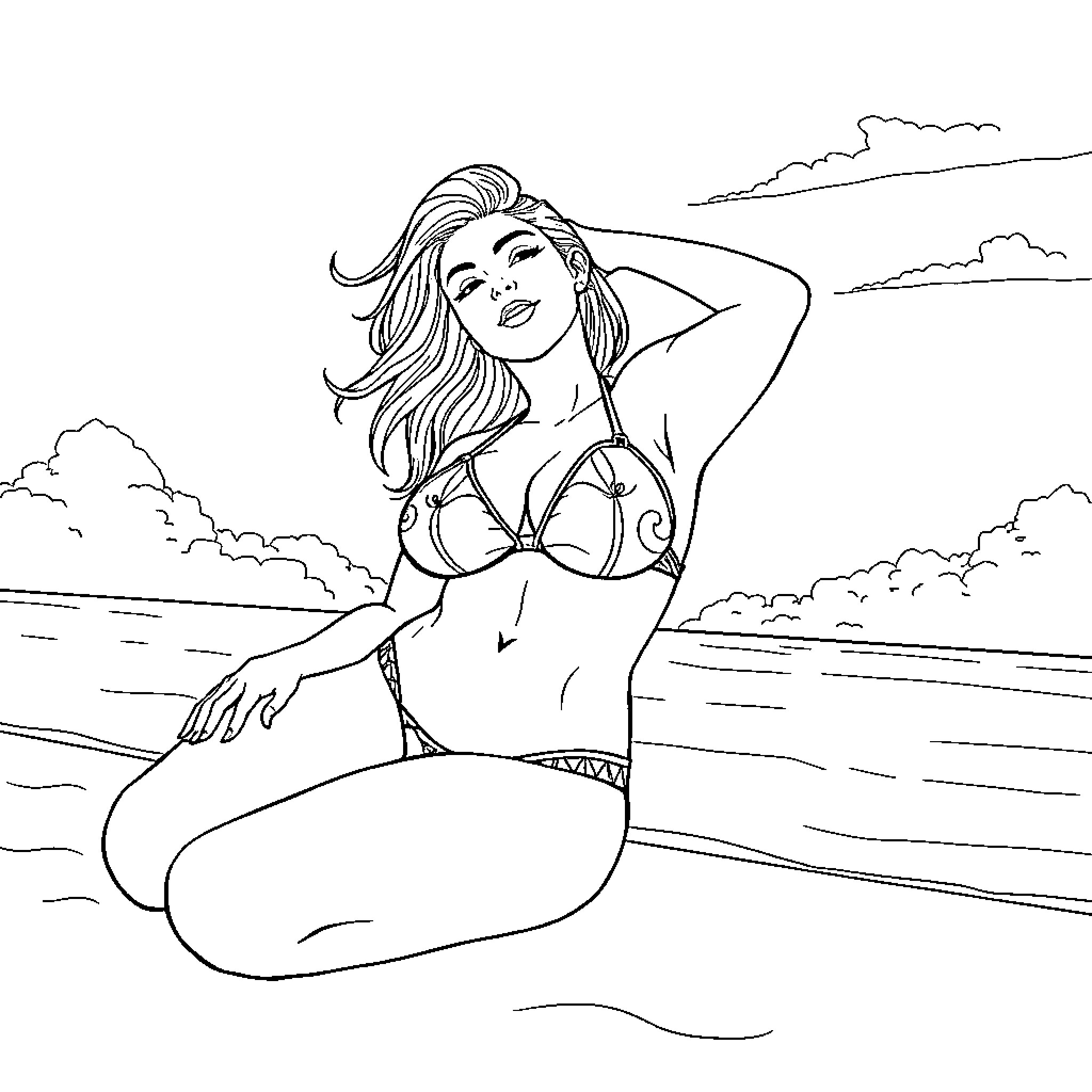 Waifu relaxing on the beach Coloring Page (free black-and-white line drawing printable PDF for all, from beginners to advanced learners, including children, teens, adults, and seniors)