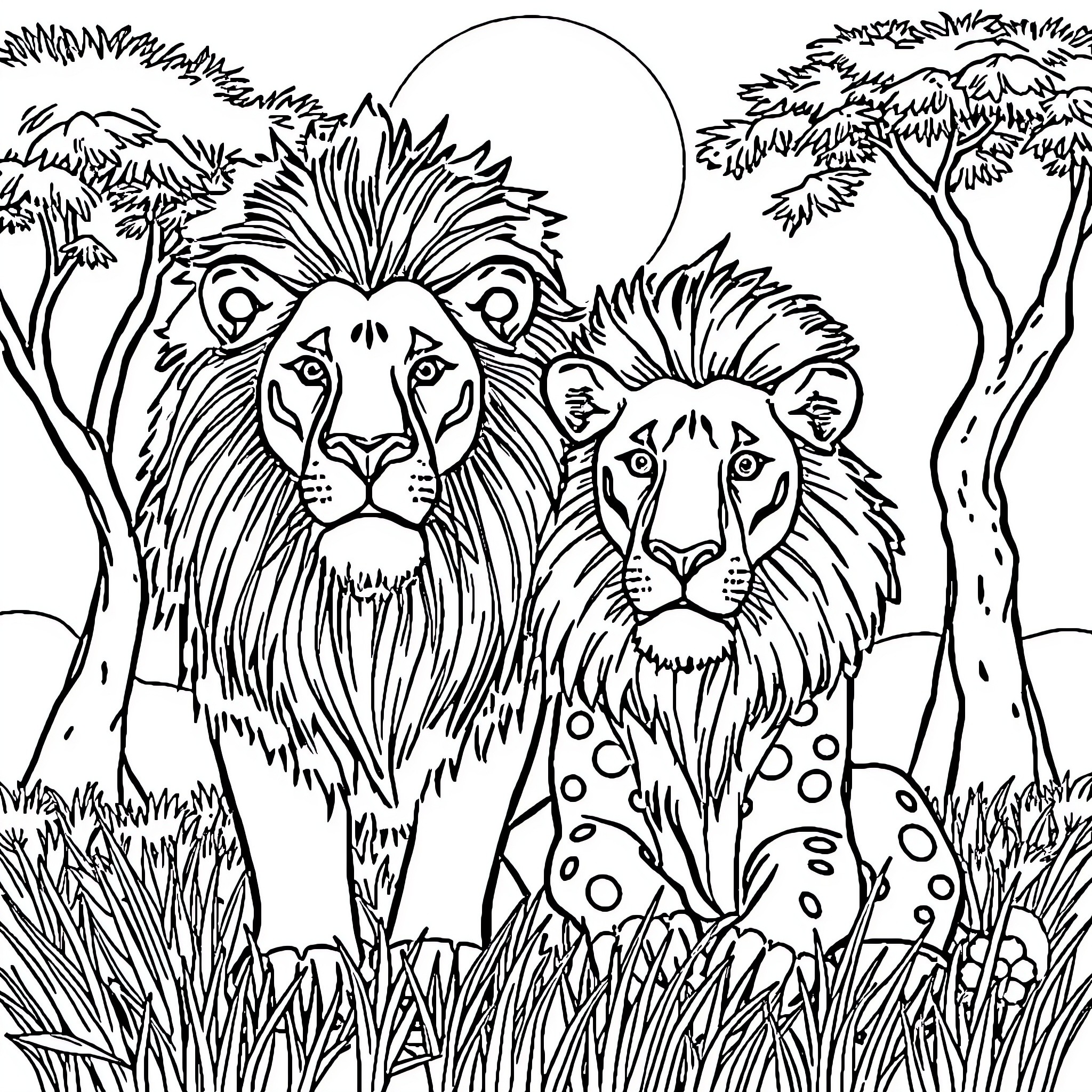 Giraffe and Lions in Serene Wilderness Coloring Page (free black-and-white line drawing printable PDF for all, from beginners to advanced learners, including children, teens, adults, and seniors)