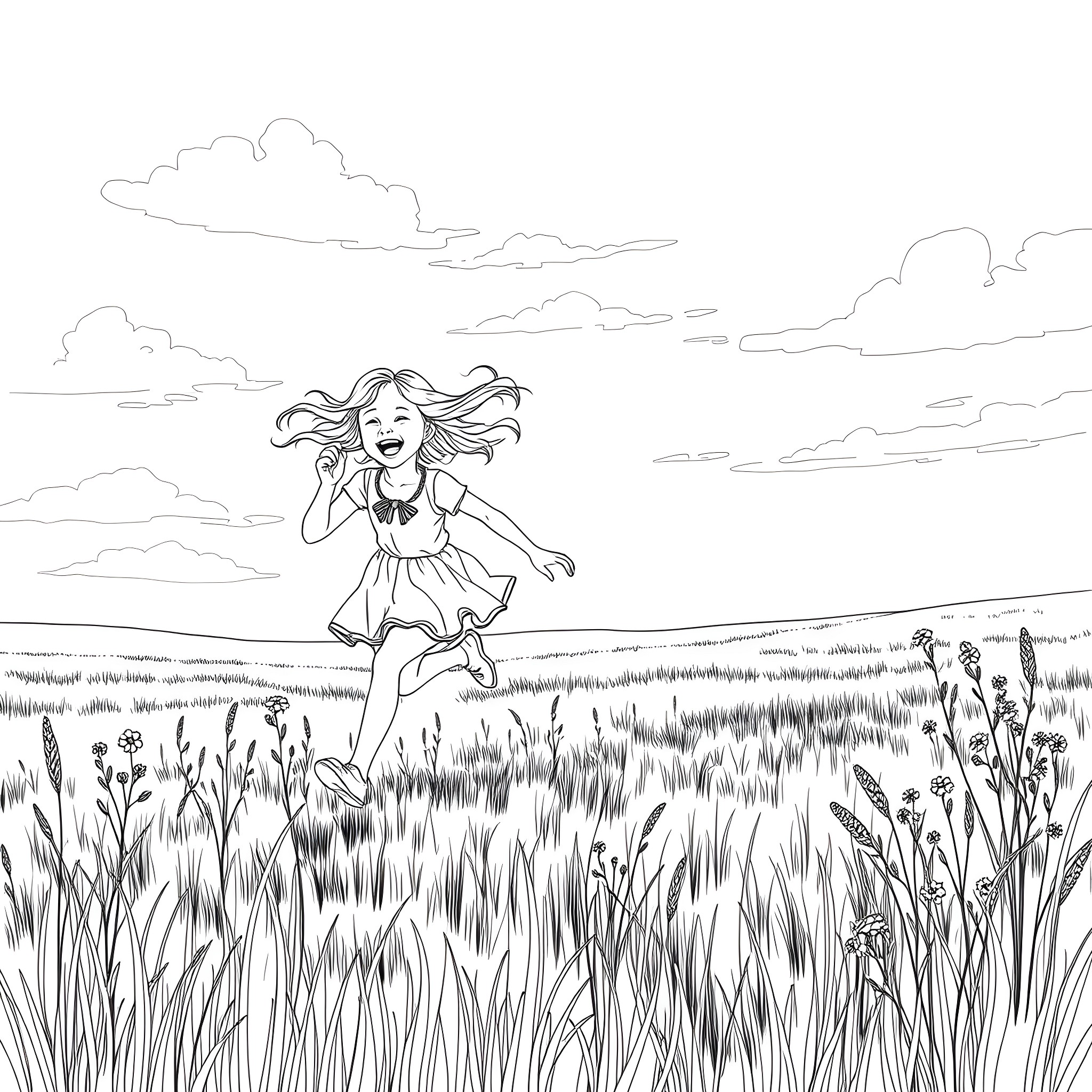 Girl Running Joyfully Through Grassy Field Coloring Page (free black-and-white line drawing printable PDF for all, from beginners to advanced learners, including children, teens, adults, and seniors)
