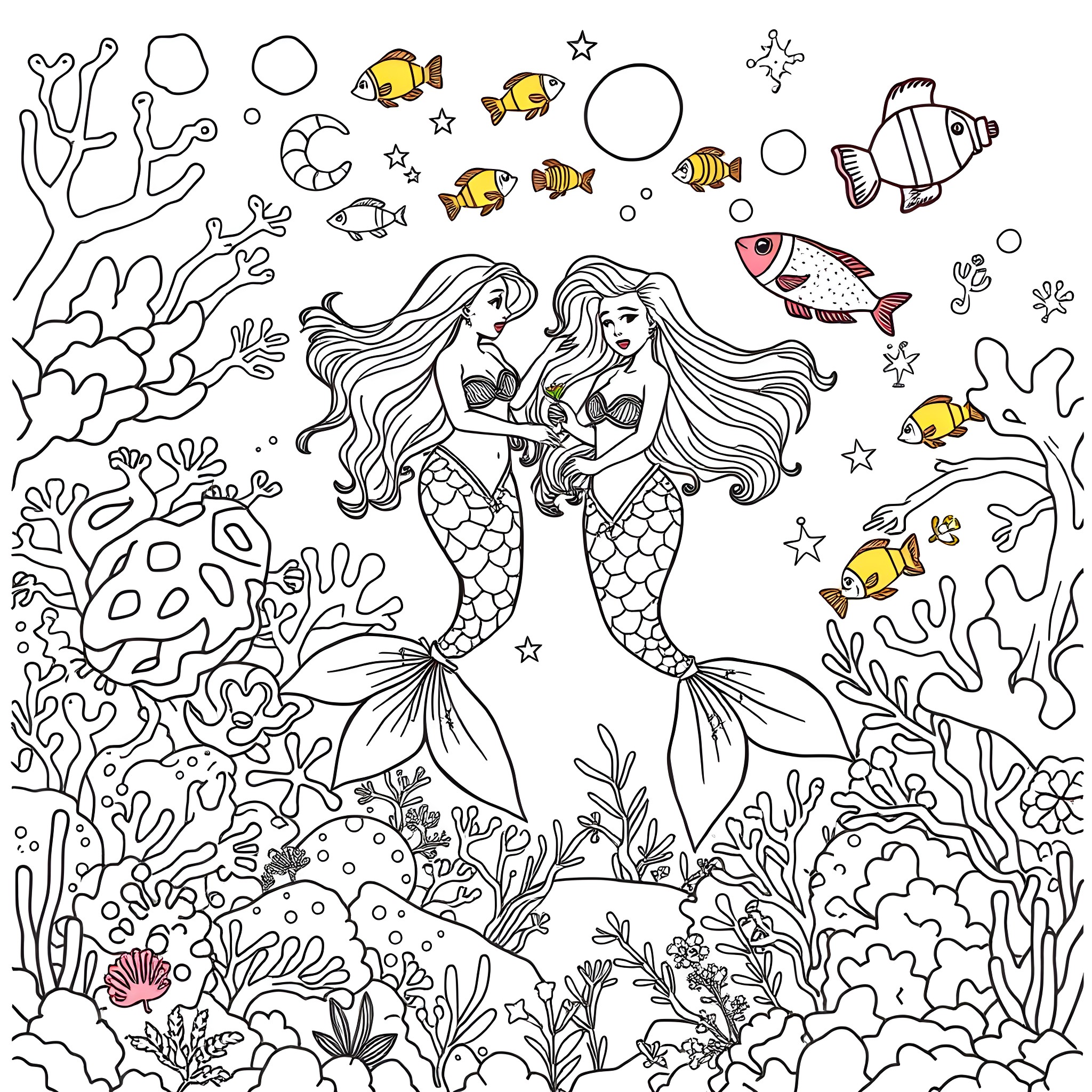 Mermaid friends swimming happily in the magical underwater world Coloring Page (free black-and-white line drawing printable PDF for all, from beginners to advanced learners, including children, teens, adults, and seniors)