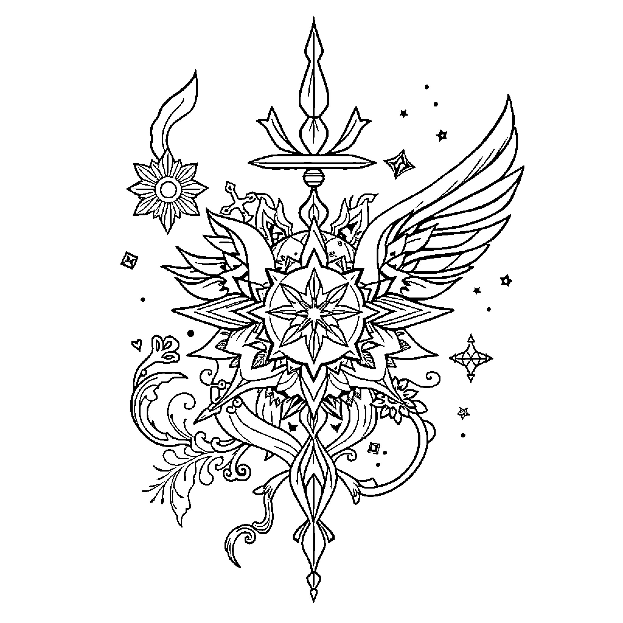 Tattoo of intricate celestial design with wings and stars Coloring Page (free black-and-white line drawing printable PDF for all, from beginners to advanced learners, including children, teens, adults, and seniors)
