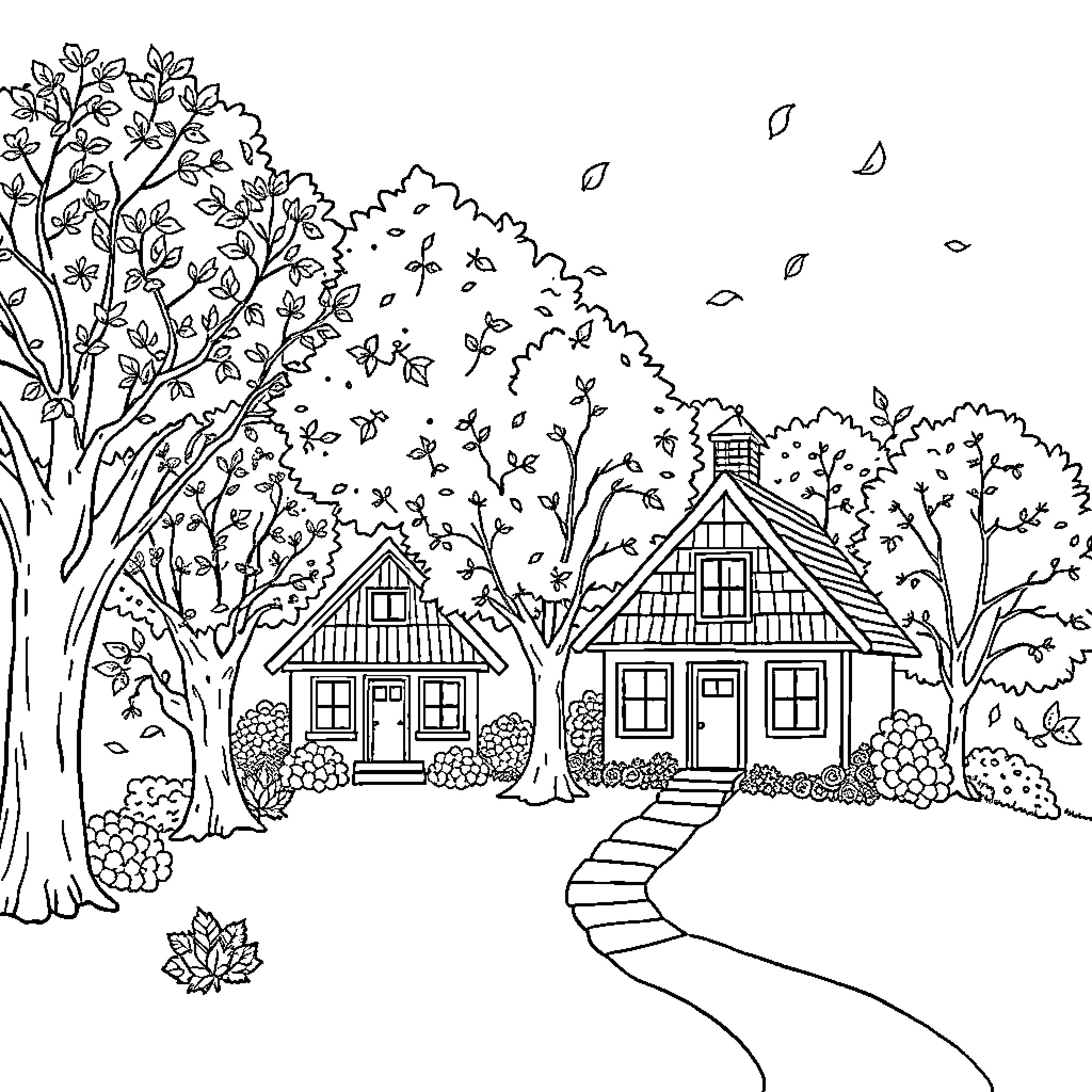 Tree-lined Street with Charming Cottages Coloring Page (free black-and-white line drawing printable PDF for all, from beginners to advanced learners, including children, teens, adults, and seniors)