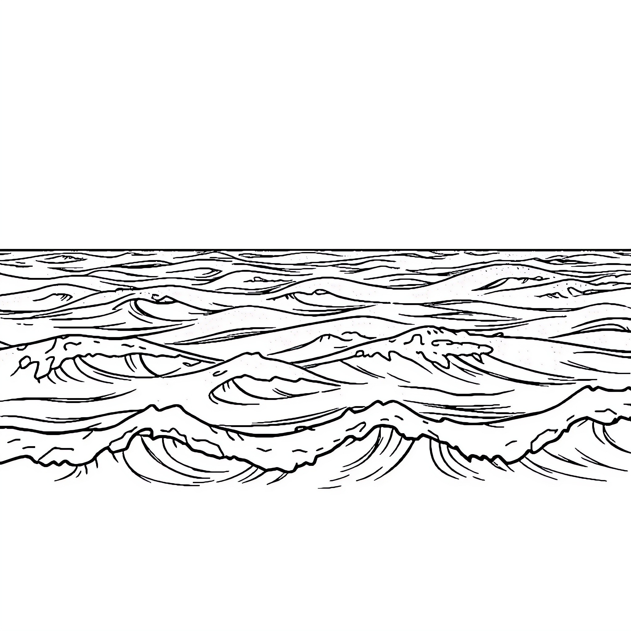 Ocean waves crashing against rocky coastline Coloring Page (free black-and-white line drawing printable PDF for all, from beginners to advanced learners, including children, teens, adults, and seniors)