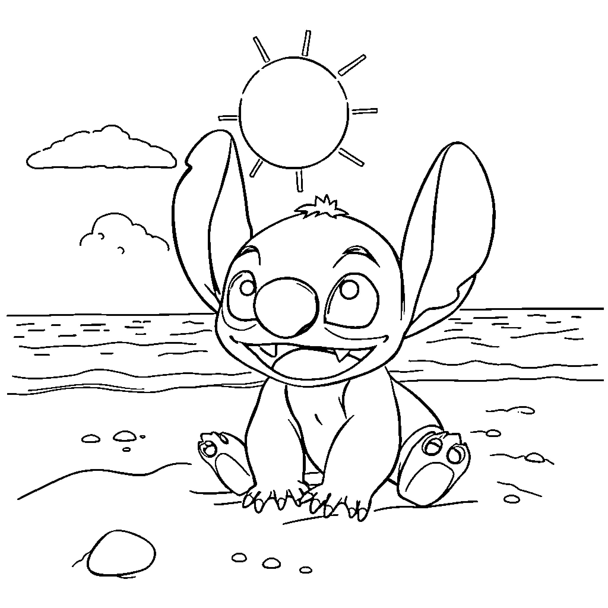 Stitch enjoying a sunny day by the beach Coloring Page (free black-and-white line drawing printable PDF for all, from beginners to advanced learners, including children, teens, adults, and seniors)