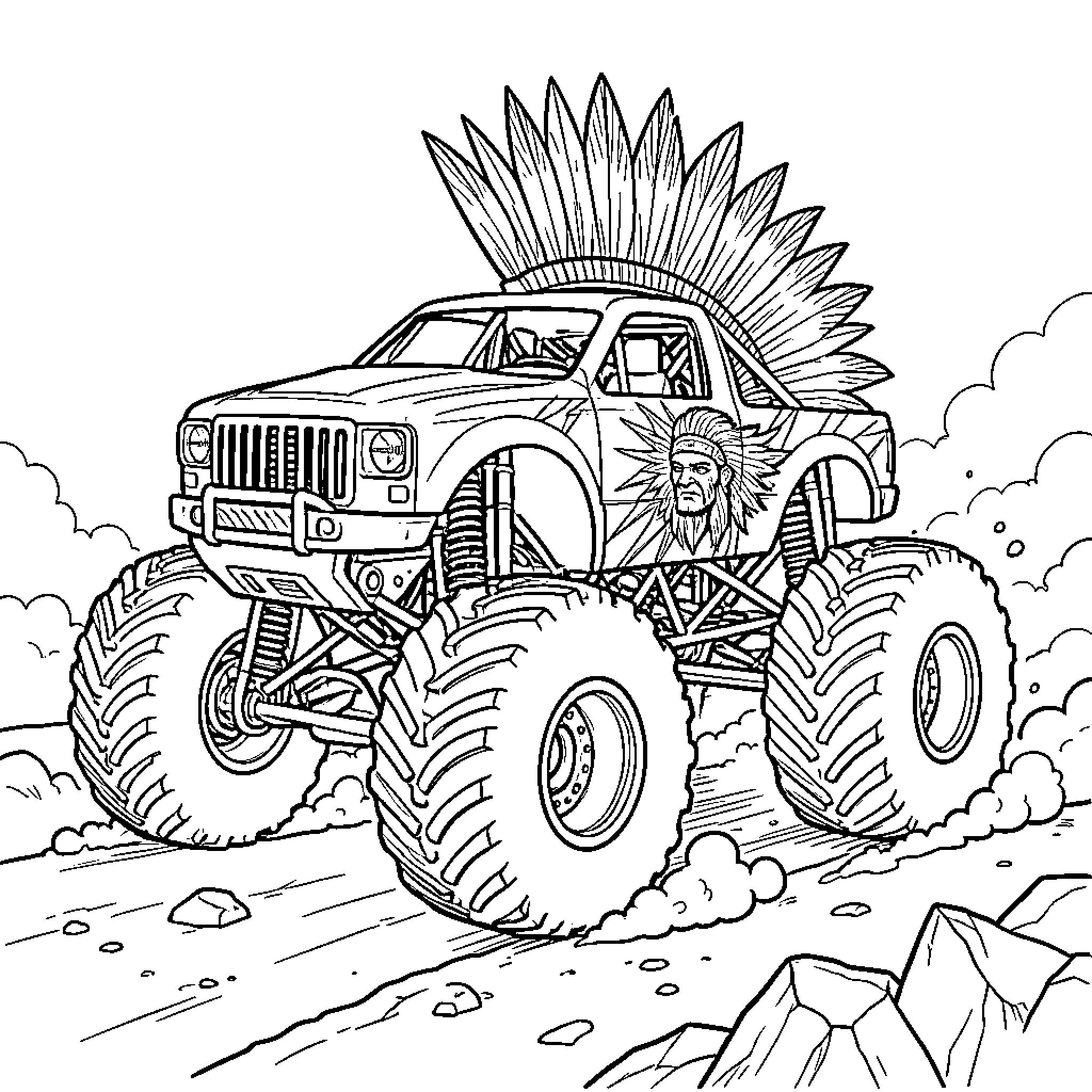 Monster Truck decorated with native headdress and tribal imagery Coloring Page (free black-and-white line drawing printable PDF for all, from beginners to advanced learners, including children, teens, adults, and seniors)