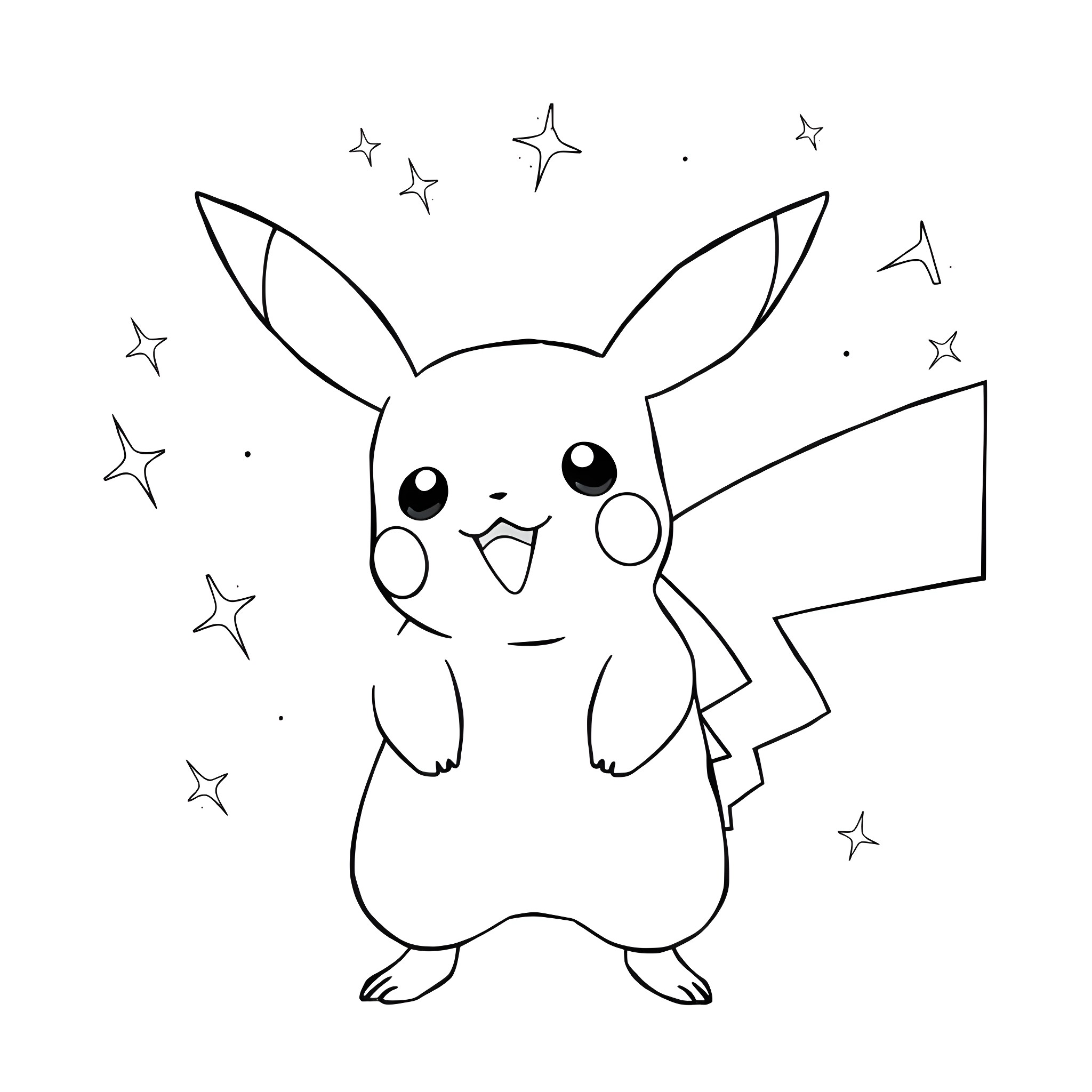 Pikachu performing magical tricks with stars Coloring Page (free black-and-white line drawing printable PDF for all, from beginners to advanced learners, including children, teens, adults, and seniors)