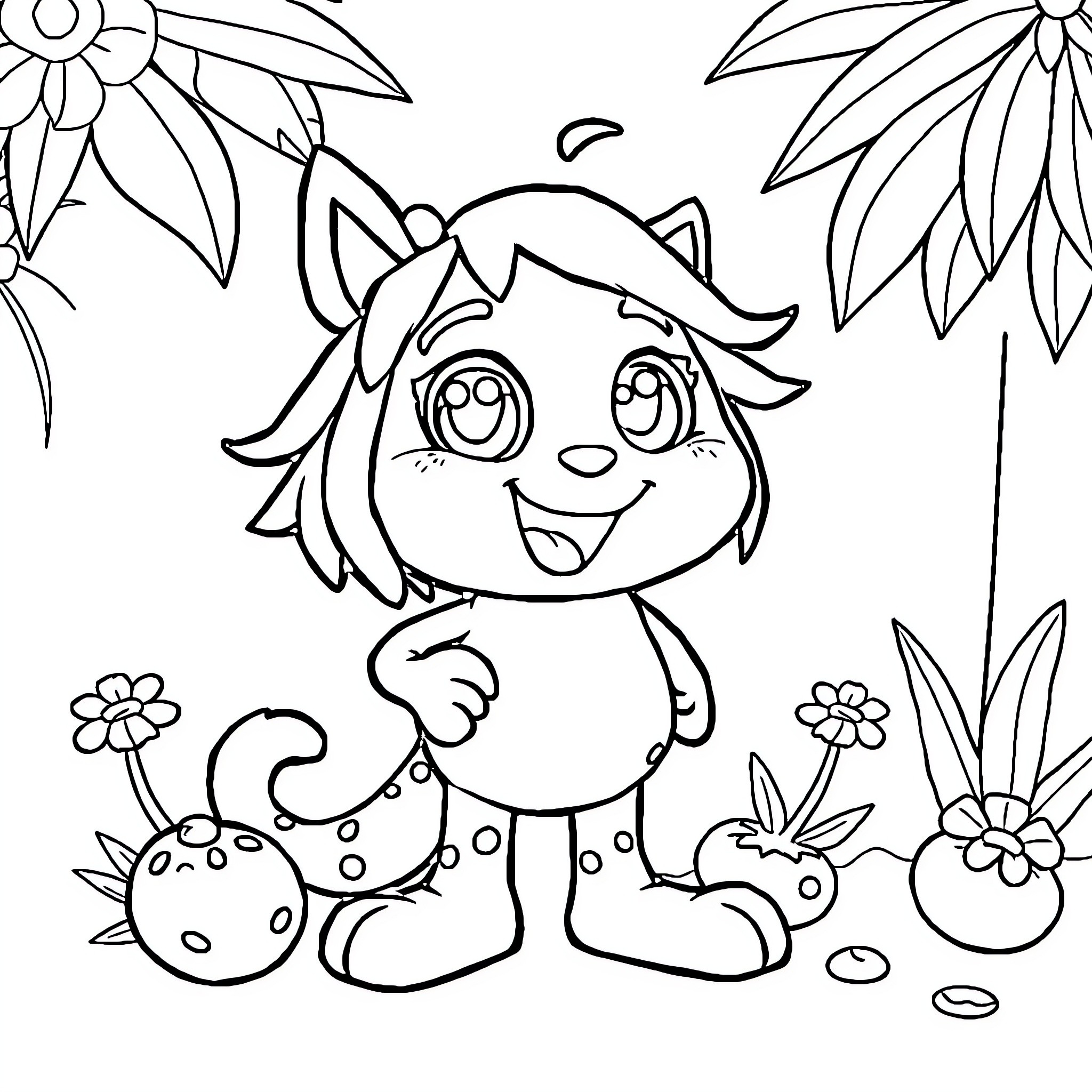 Coco's Playful Adventure in the Garden Coloring Page (free black-and-white line drawing printable PDF for all, from beginners to advanced learners, including children, teens, adults, and seniors)