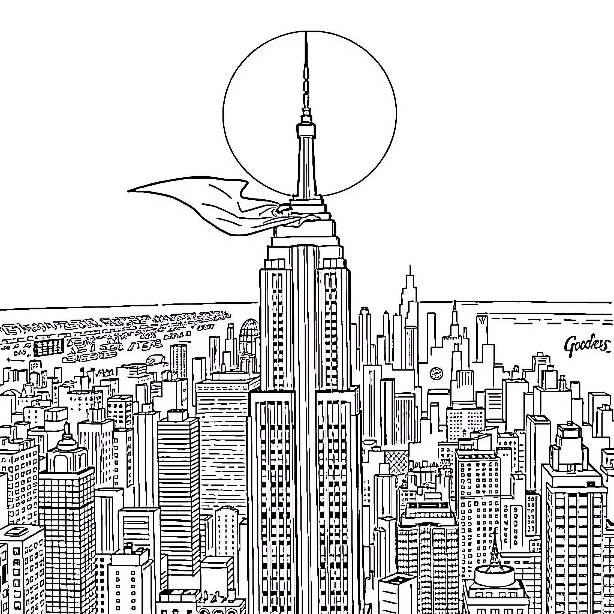 Superman's Heroic Cityscape Adventure Coloring Page (free black-and-white line drawing printable PDF for all, from beginners to advanced learners, including children, teens, adults, and seniors)