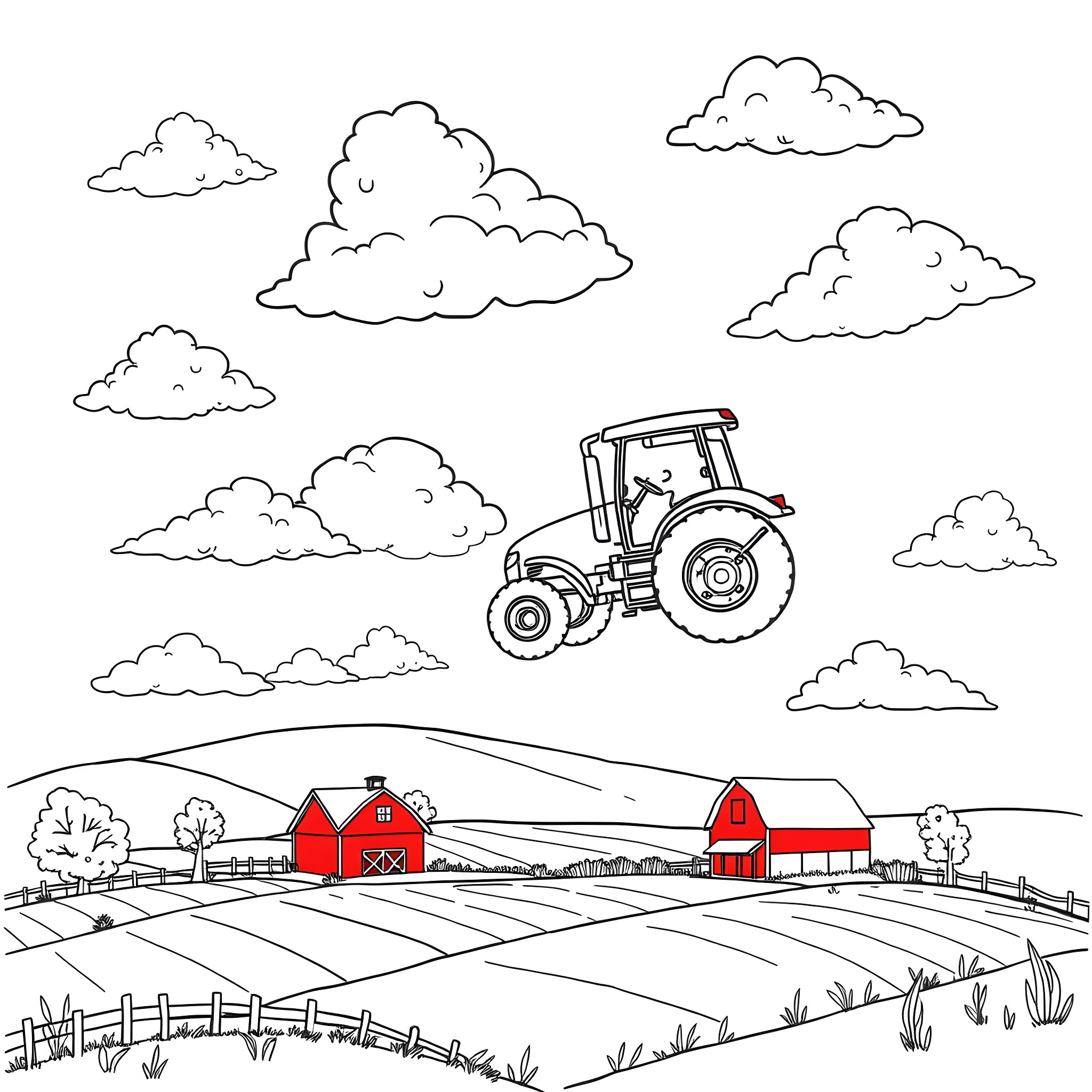 Flying Tractor soaring over the countryside Coloring Page (free black-and-white line drawing printable PDF for all, from beginners to advanced learners, including children, teens, adults, and seniors)