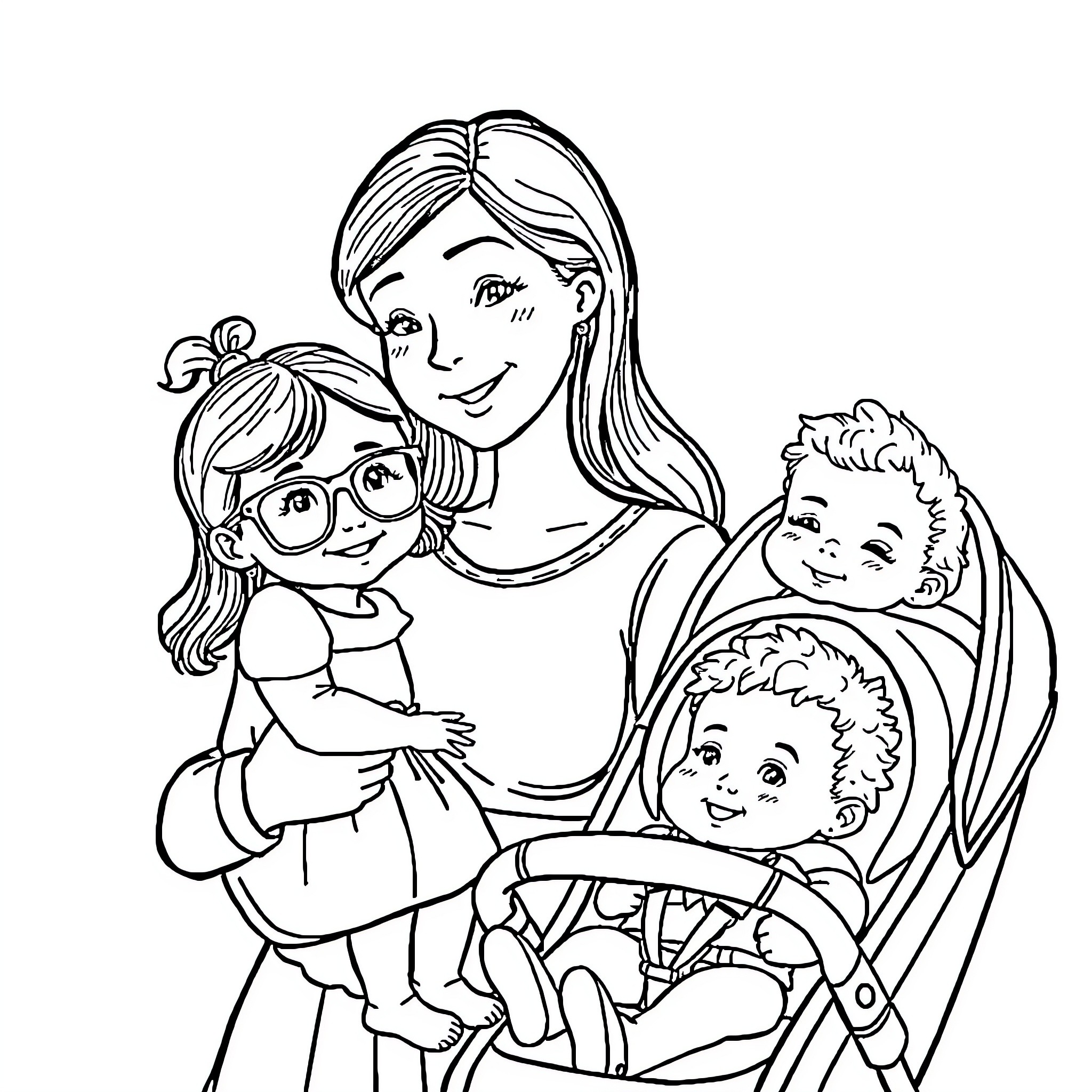 Mom caring for her children in a warm embrace Coloring Page (free black-and-white line drawing printable PDF for all, from beginners to advanced learners, including children, teens, adults, and seniors)