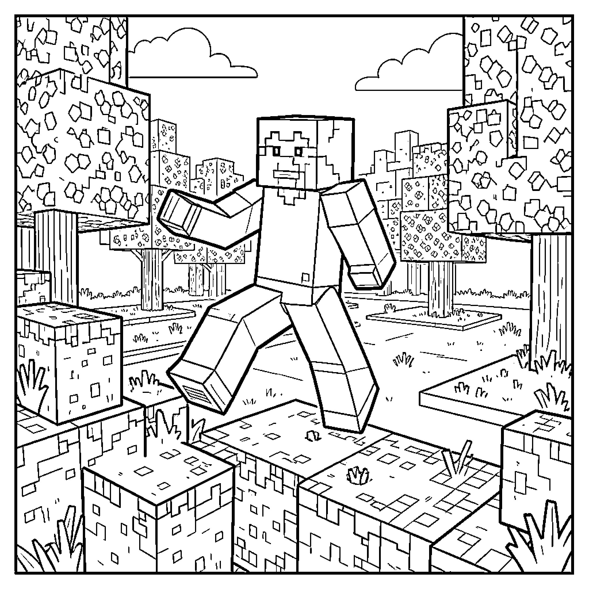 Preston walking through a blocky forest landscape Coloring Page (free black-and-white line drawing printable PDF for all, from beginners to advanced learners, including children, teens, adults, and seniors)