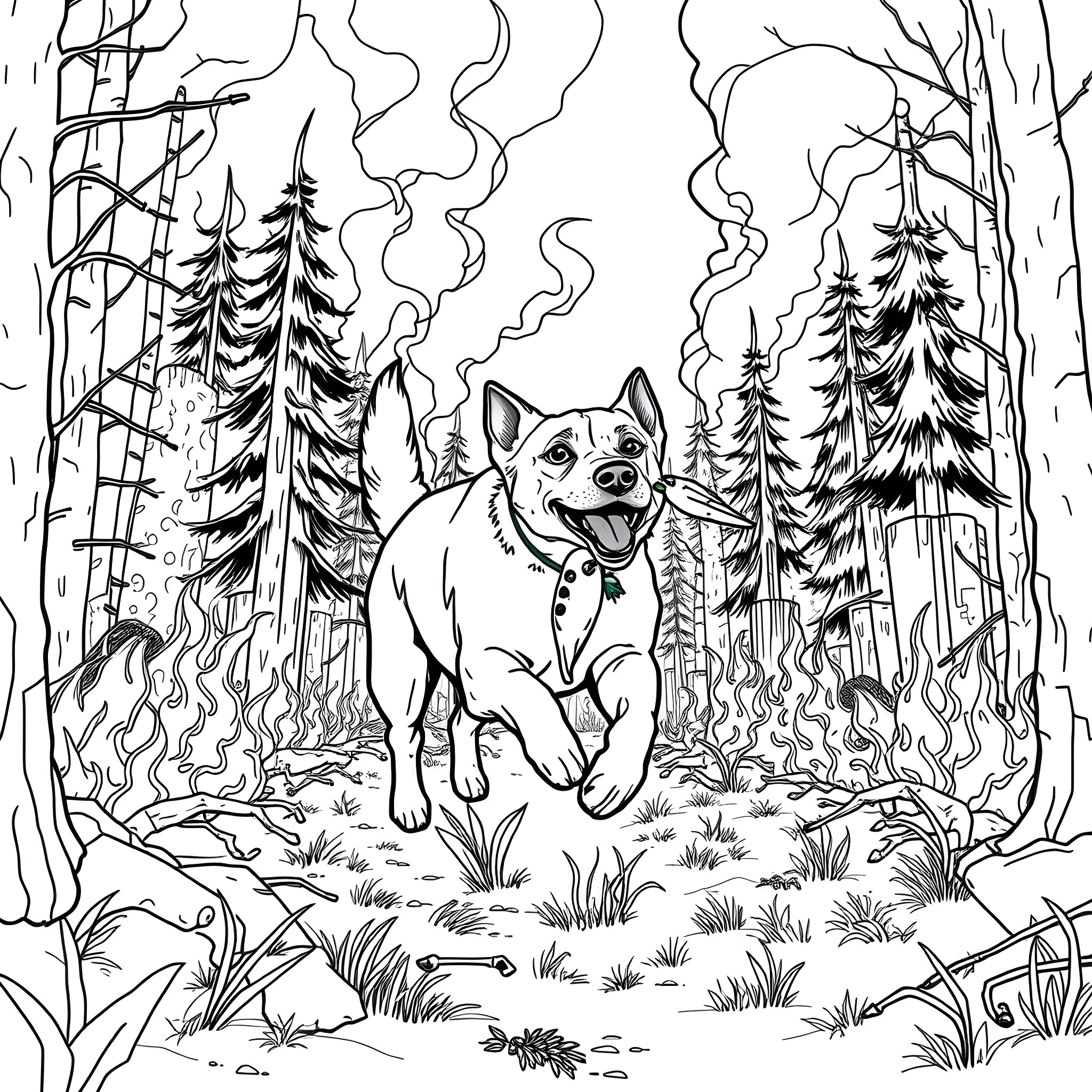 Dog exploring the enchanted forest Coloring Page (free black-and-white line drawing printable PDF for all, from beginners to advanced learners, including children, teens, adults, and seniors)