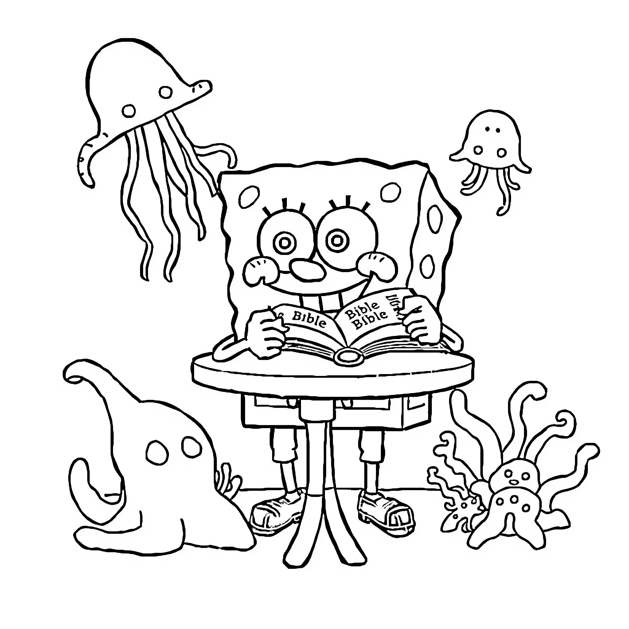Spongebob reading a book with underwater creatures Coloring Page (free black-and-white line drawing printable PDF for all, from beginners to advanced learners, including children, teens, adults, and seniors)