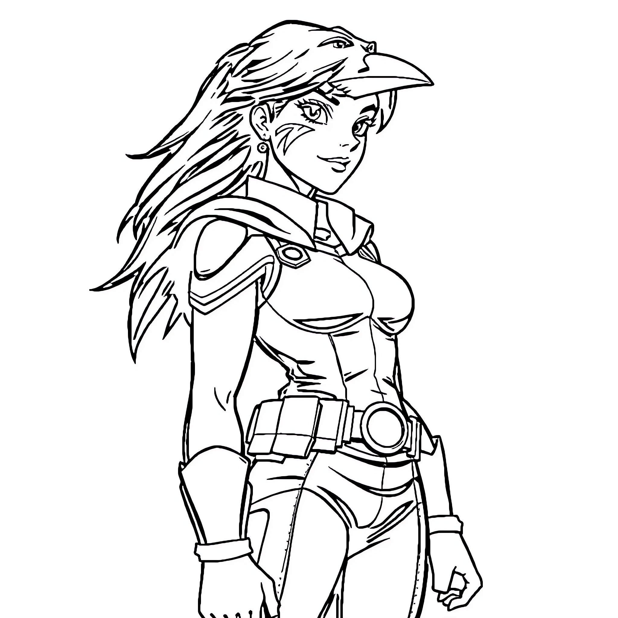 Raven-haired heroine in combat-ready pose Coloring Page (free black-and-white line drawing printable PDF for all, from beginners to advanced learners, including children, teens, adults, and seniors)