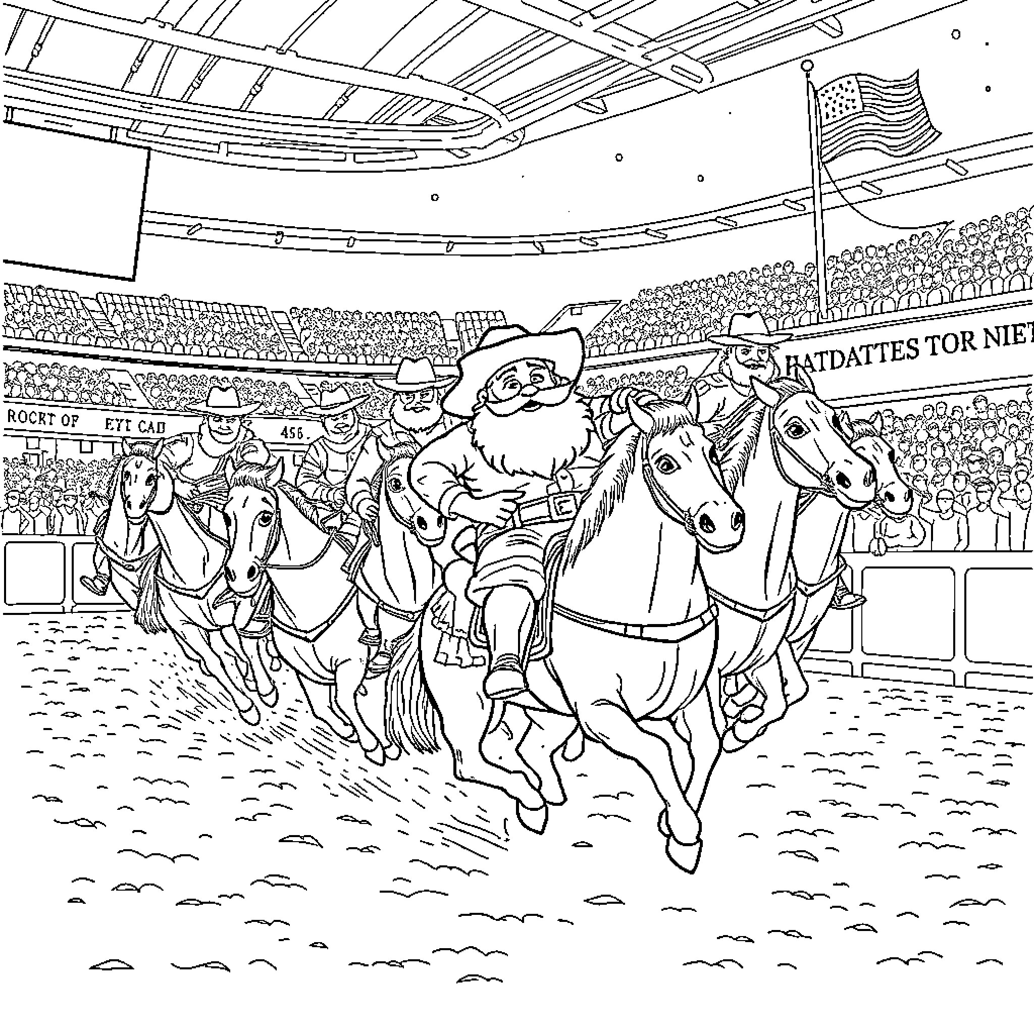 Santa and Cowboys Galloping in Rodeo Arena Coloring Page (free black-and-white line drawing printable PDF for all, from beginners to advanced learners, including children, teens, adults, and seniors)