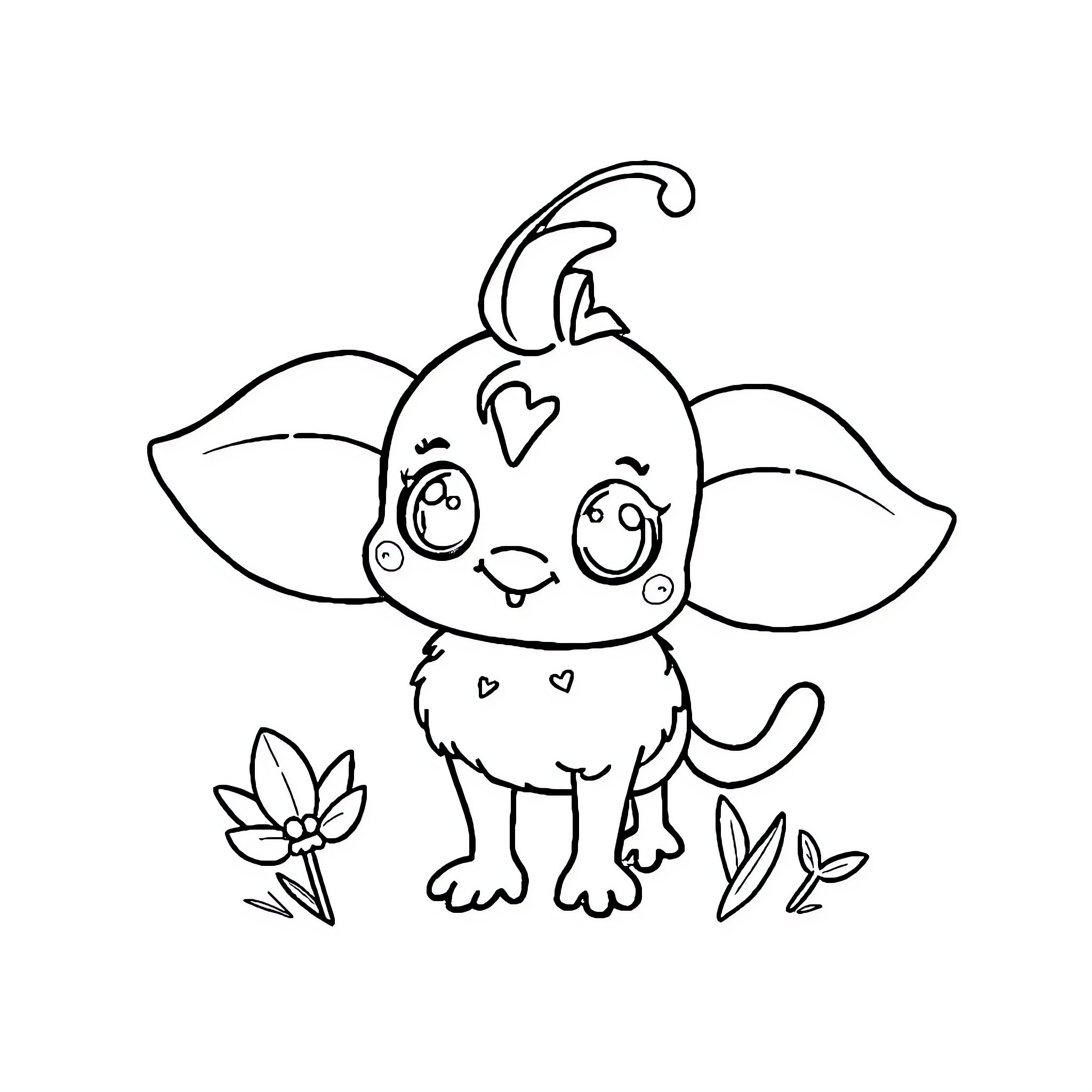 Cute cartoon creature with floral design Coloring Page (free black-and-white line drawing printable PDF for all, from beginners to advanced learners, including children, teens, adults, and seniors)