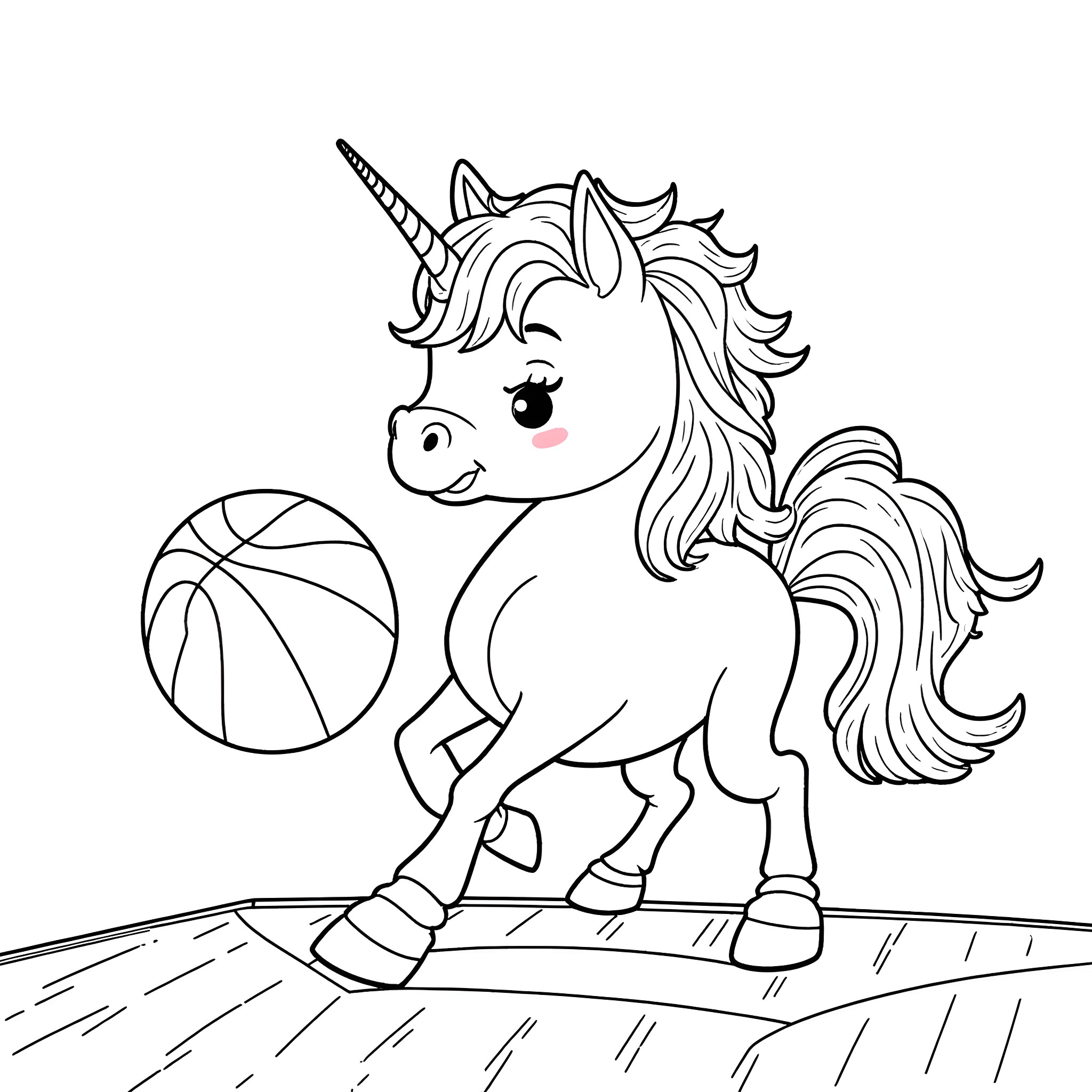 Unicorn Dribbling a Basketball on the Court Coloring Page (free black-and-white line drawing printable PDF for all, from beginners to advanced learners, including children, teens, adults, and seniors)