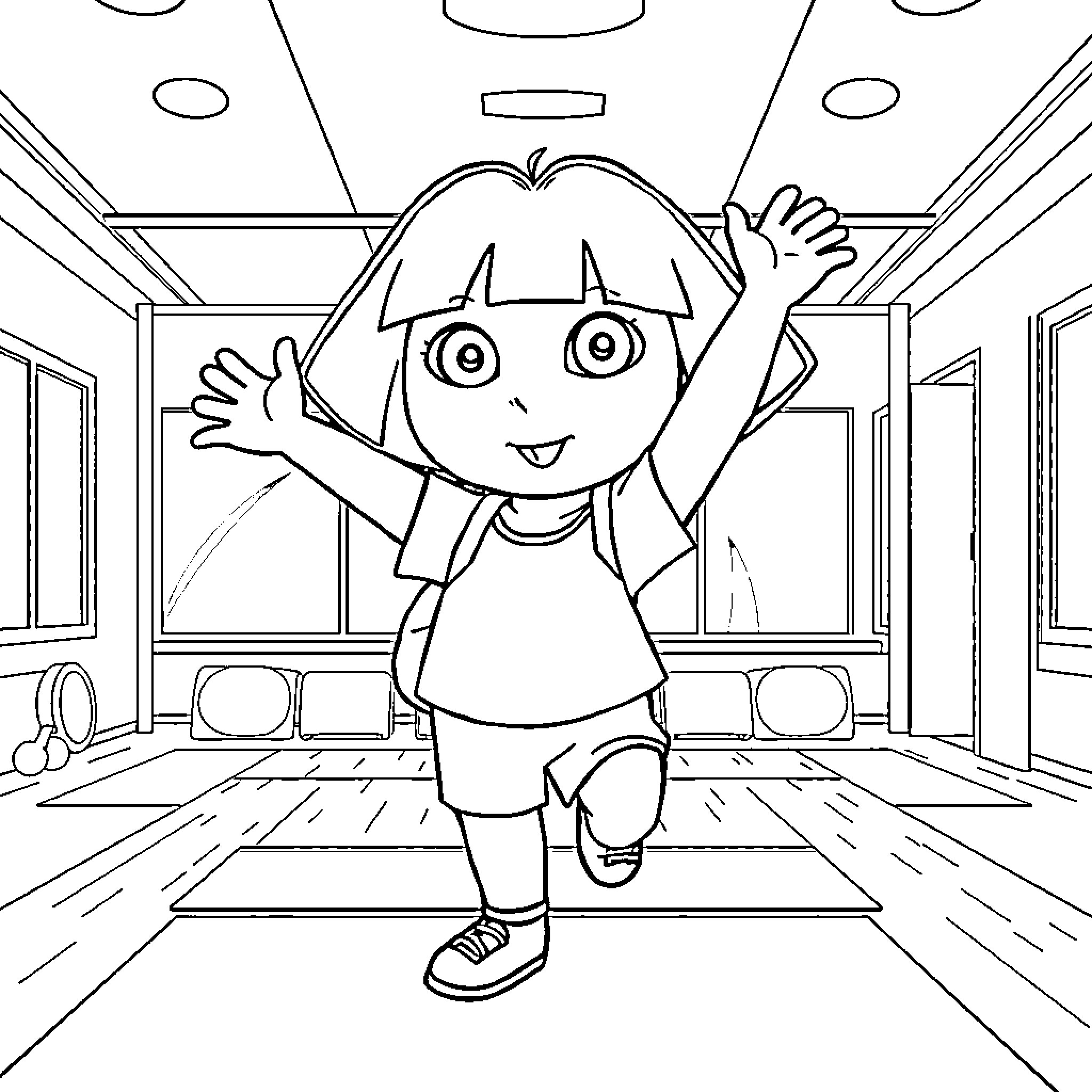 Dora Explores the Classroom with Excitement Coloring Page (free black-and-white line drawing printable PDF for all, from beginners to advanced learners, including children, teens, adults, and seniors)