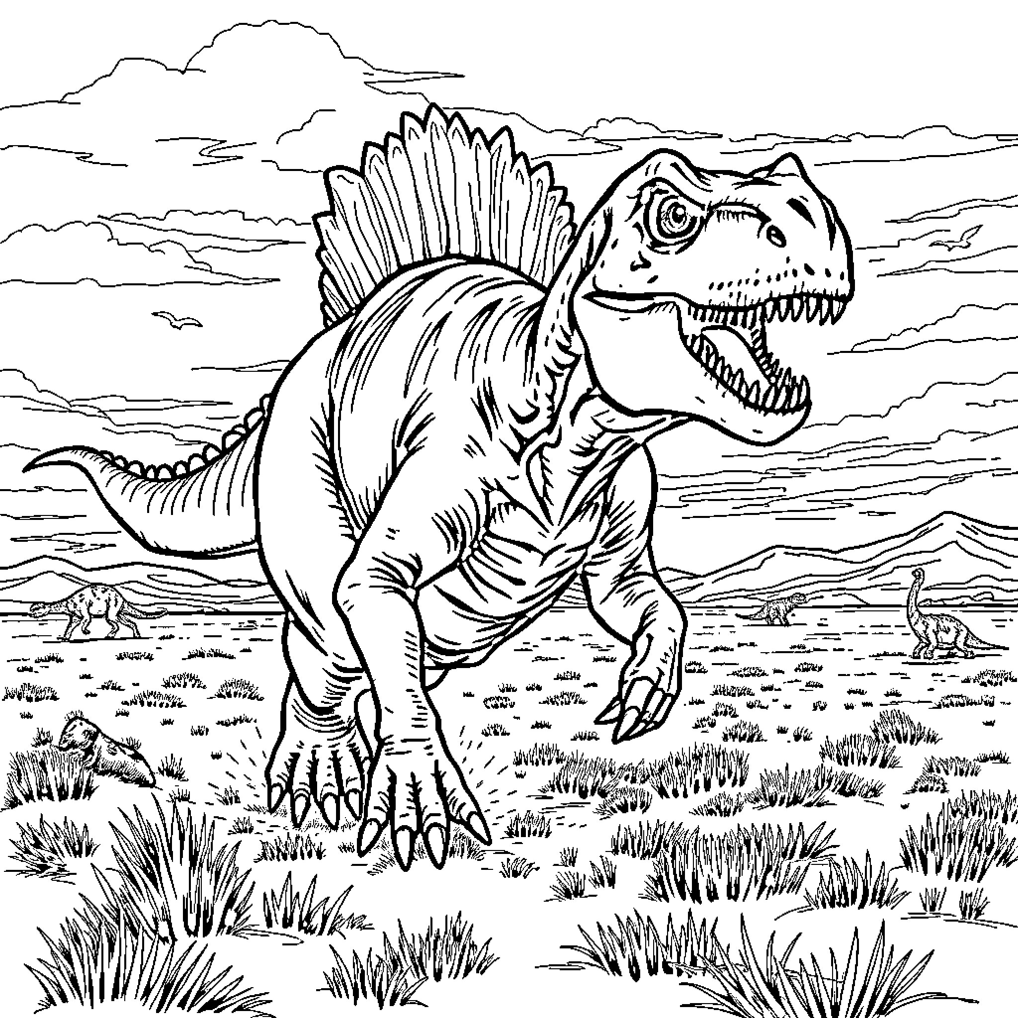Carnotaurus roaming prehistoric landscape Coloring Page (free black-and-white line drawing printable PDF for all, from beginners to advanced learners, including children, teens, adults, and seniors)