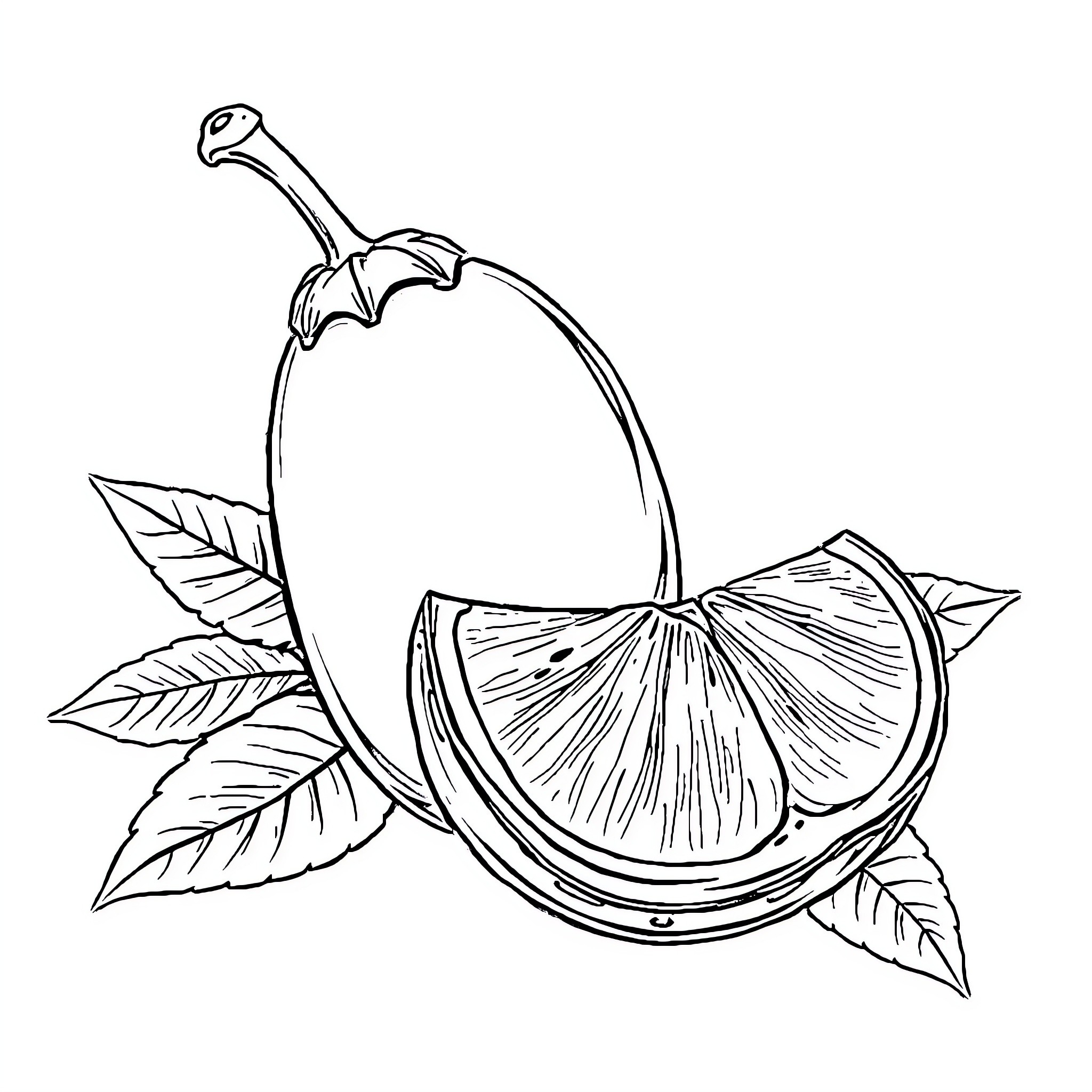 Cucumber with citrus slices and leaves Coloring Page (free black-and-white line drawing printable PDF for all, from beginners to advanced learners, including children, teens, adults, and seniors)