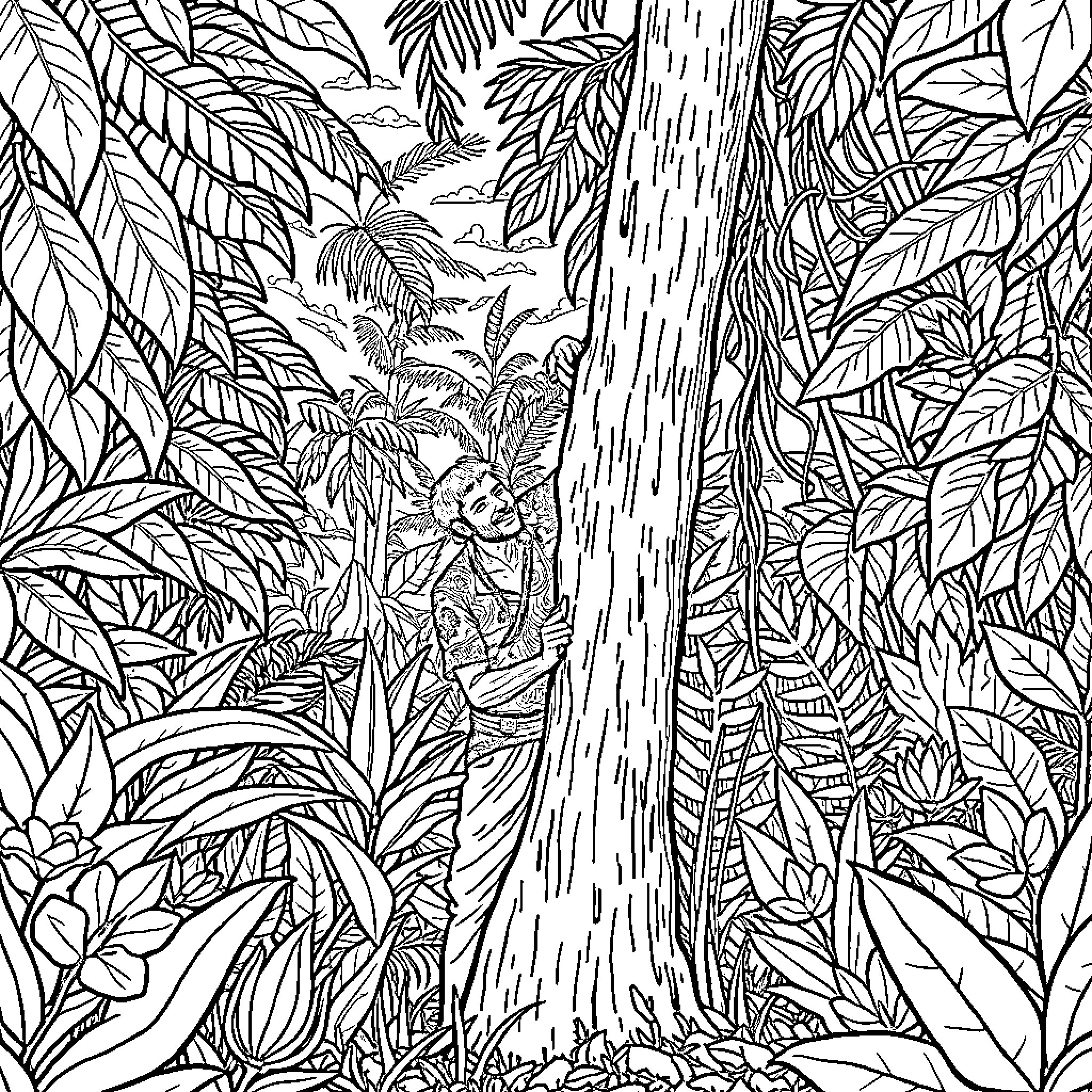 Man walking through lush tropical foliage Coloring Page (free black-and-white line drawing printable PDF for all, from beginners to advanced learners, including children, teens, adults, and seniors)