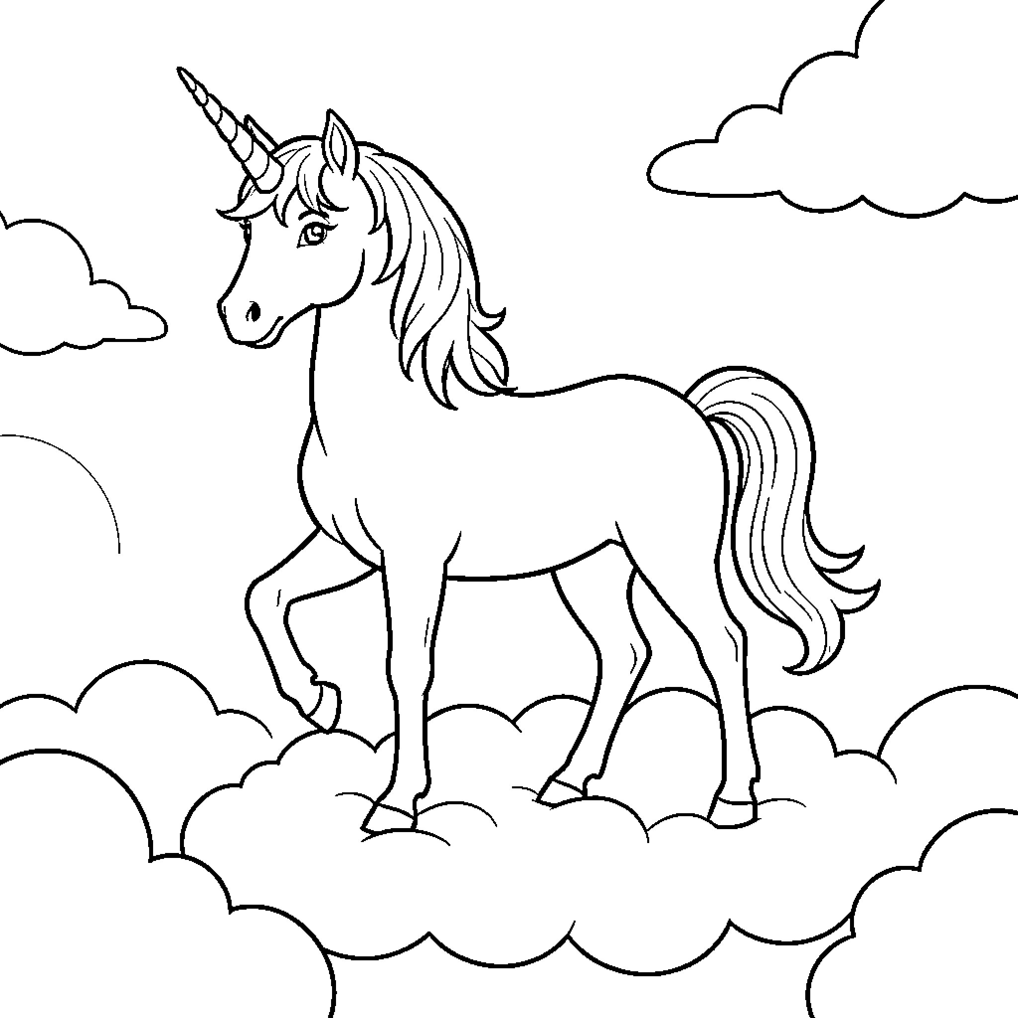 Unicorn standing gracefully among the soft clouds Coloring Page (free black-and-white line drawing printable PDF for all, from beginners to advanced learners, including children, teens, adults, and seniors)