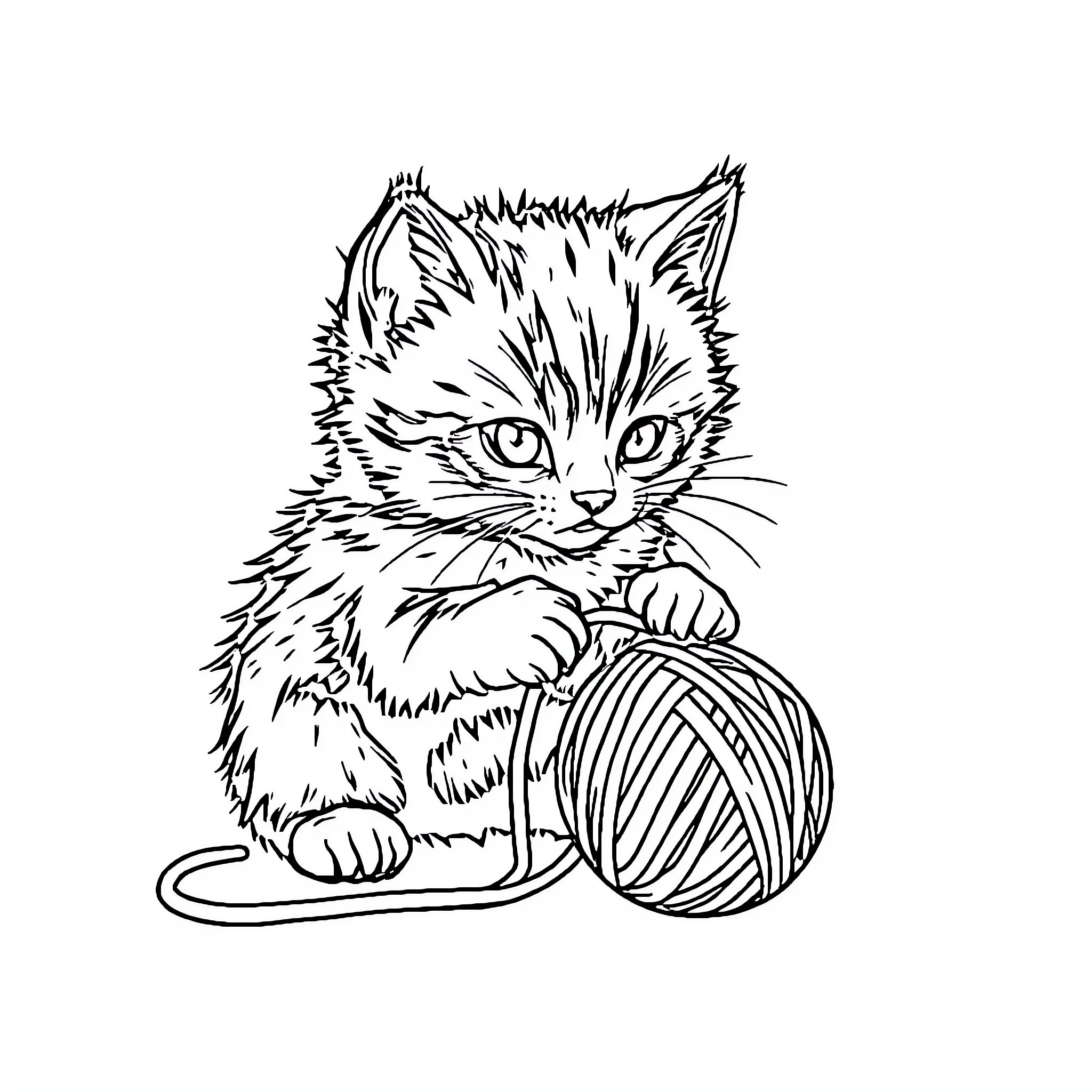 Kitten playing with yarn ball Coloring Page (free black-and-white line drawing printable PDF for all, from beginners to advanced learners, including children, teens, adults, and seniors)