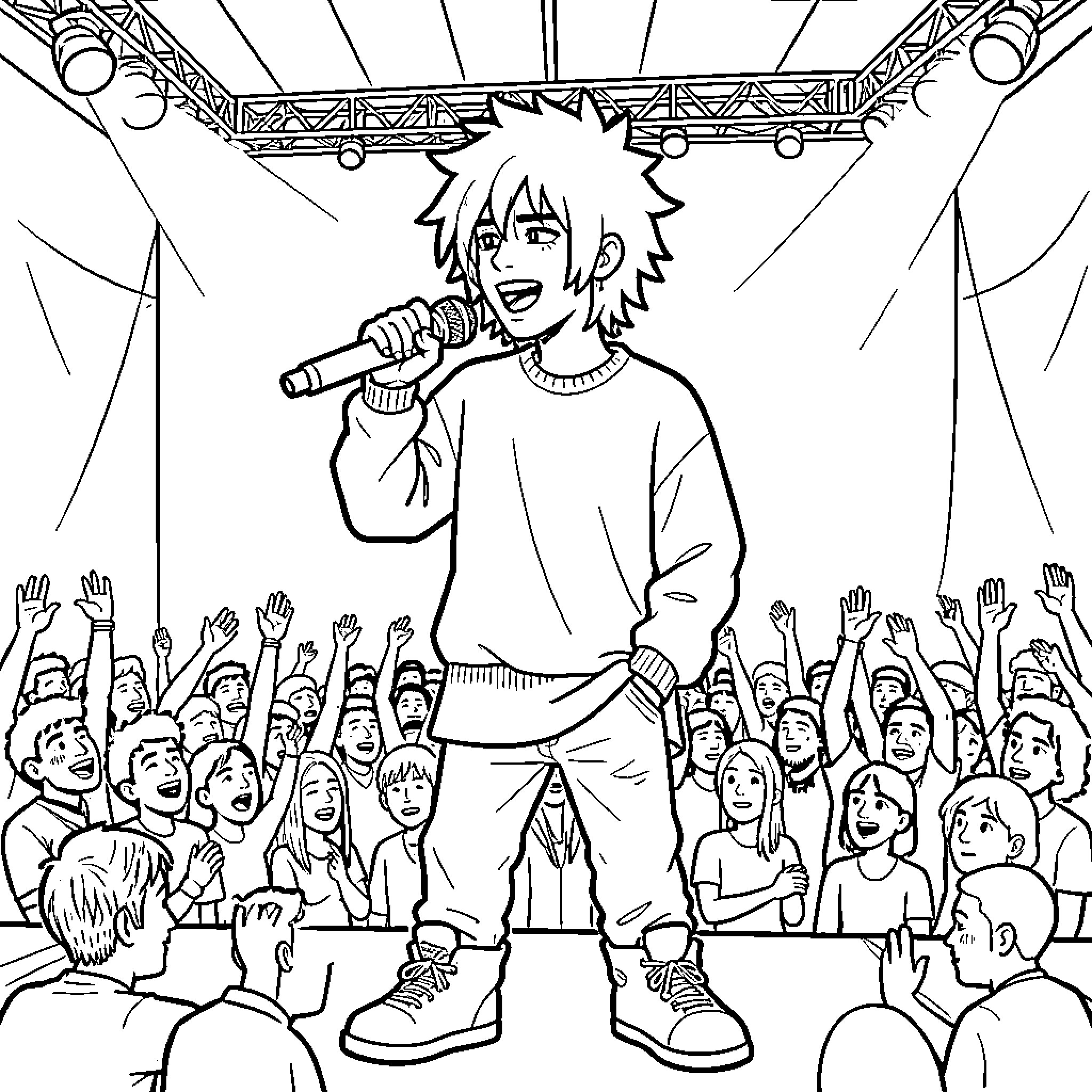 Lil Peep performing on stage with a microphone Coloring Page (free black-and-white line drawing printable PDF for all, from beginners to advanced learners, including children, teens, adults, and seniors)
