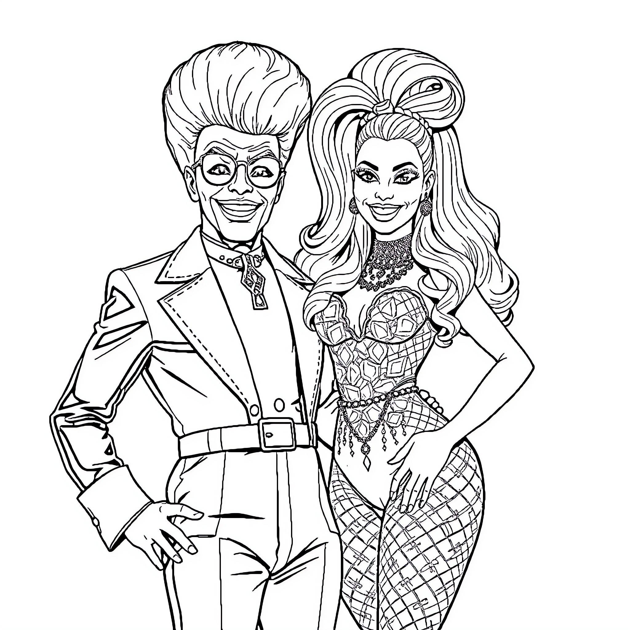 RuPaul Hosts Glamorous Drag Fashion Show Coloring Page (free black-and-white line drawing printable PDF for all, from beginners to advanced learners, including children, teens, adults, and seniors)