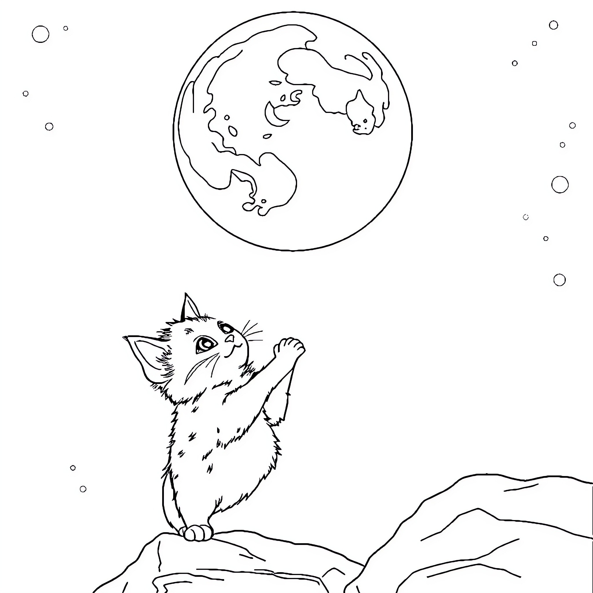 Cat exploring the world Coloring Page (free black-and-white line drawing printable PDF for all, from beginners to advanced learners, including children, teens, adults, and seniors)