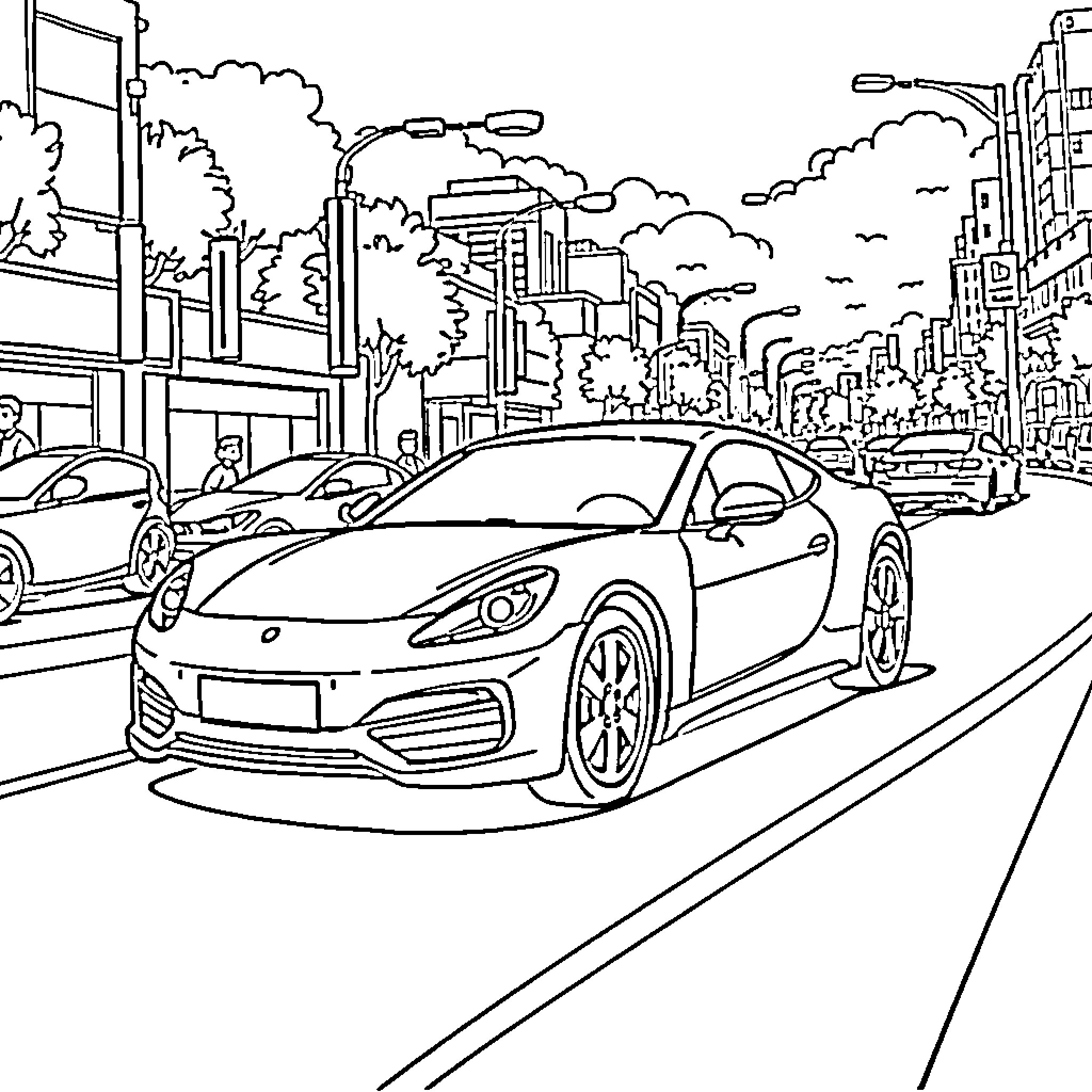 Car driving down a busy city street Coloring Page (free black-and-white line drawing printable PDF for all, from beginners to advanced learners, including children, teens, adults, and seniors)