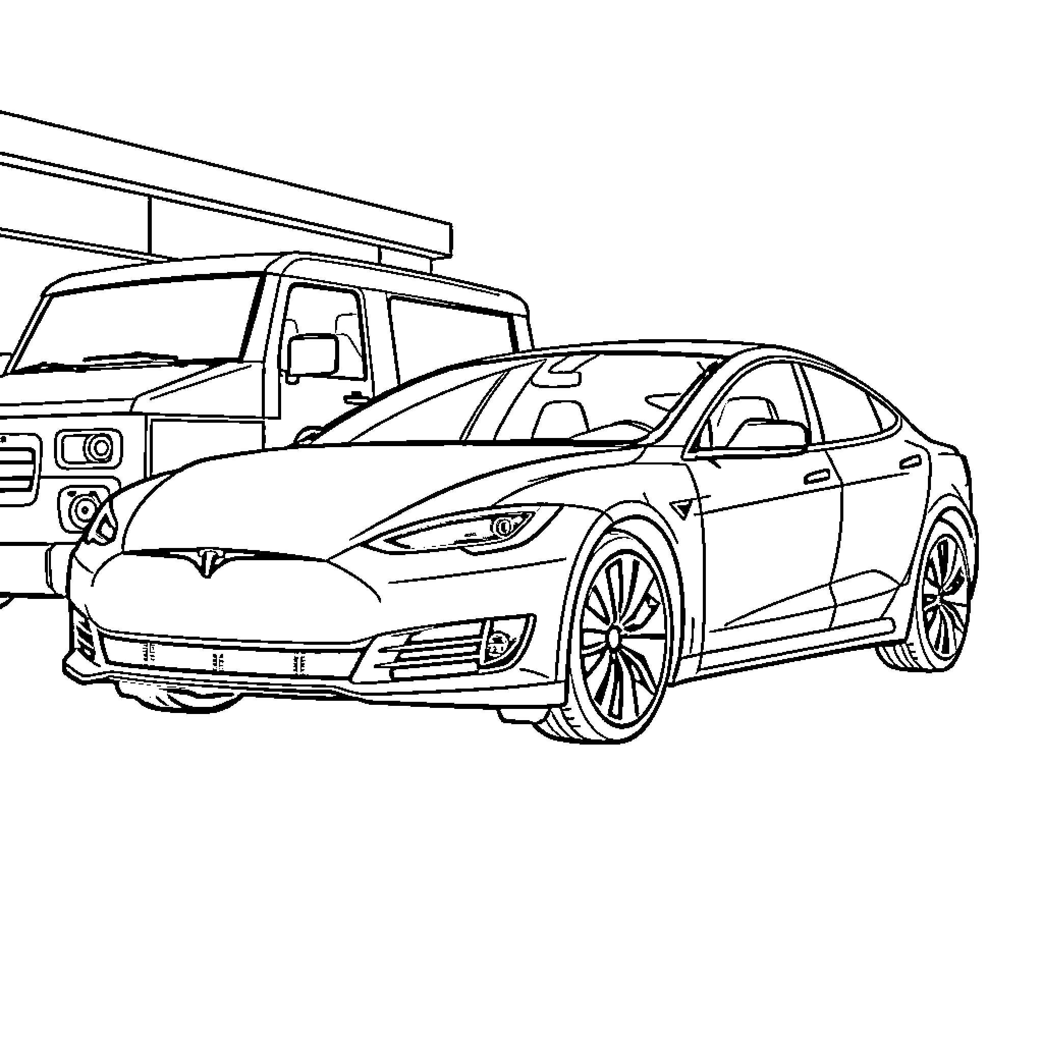 Car with modern electric design and utility vehicle Coloring Page (free black-and-white line drawing printable PDF for all, from beginners to advanced learners, including children, teens, adults, and seniors)