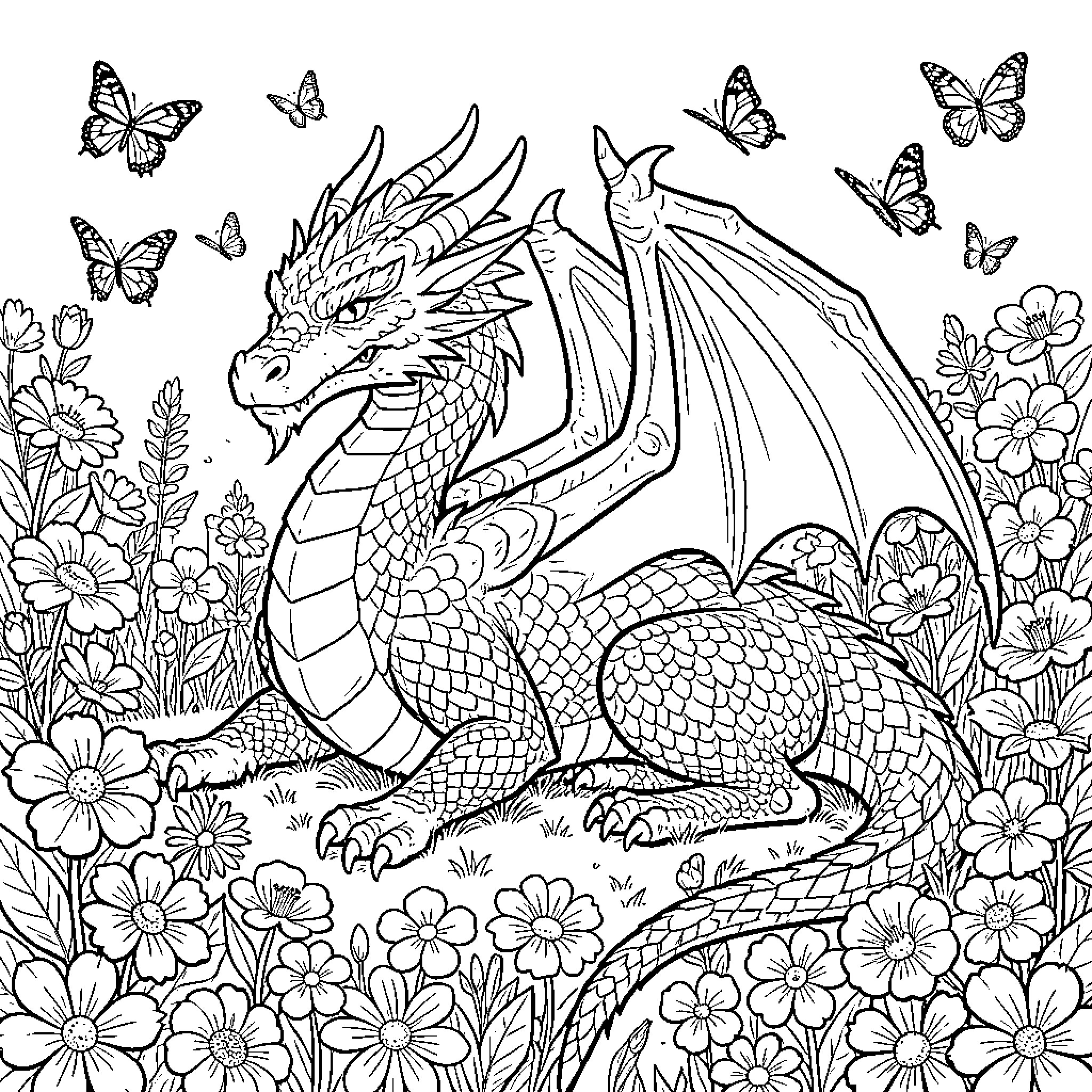 Dragon resting amidst a whimsical floral scene Coloring Page (free black-and-white line drawing printable PDF for all, from beginners to advanced learners, including children, teens, adults, and seniors)