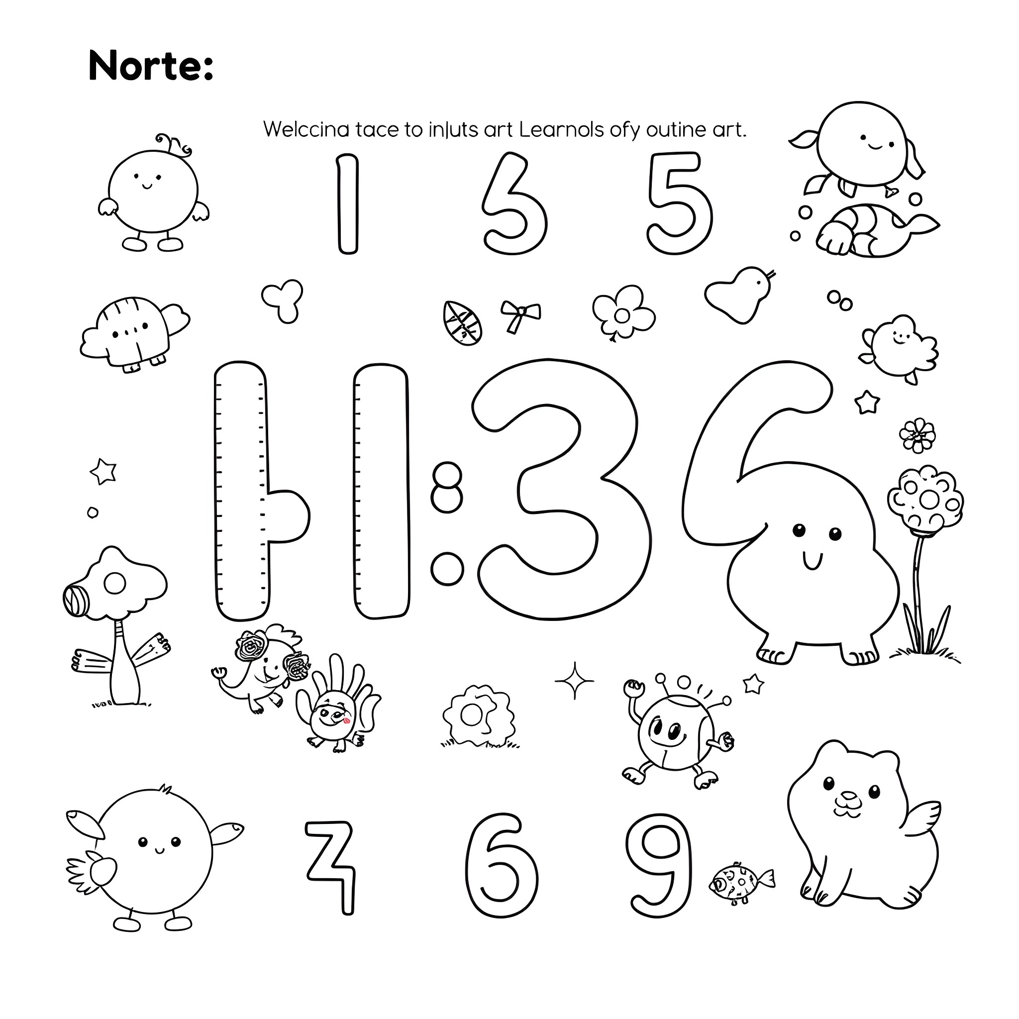 Number 1-9 Cartoon Characters and Objects Coloring Page (free black-and-white line drawing printable PDF for all, from beginners to advanced learners, including children, teens, adults, and seniors)