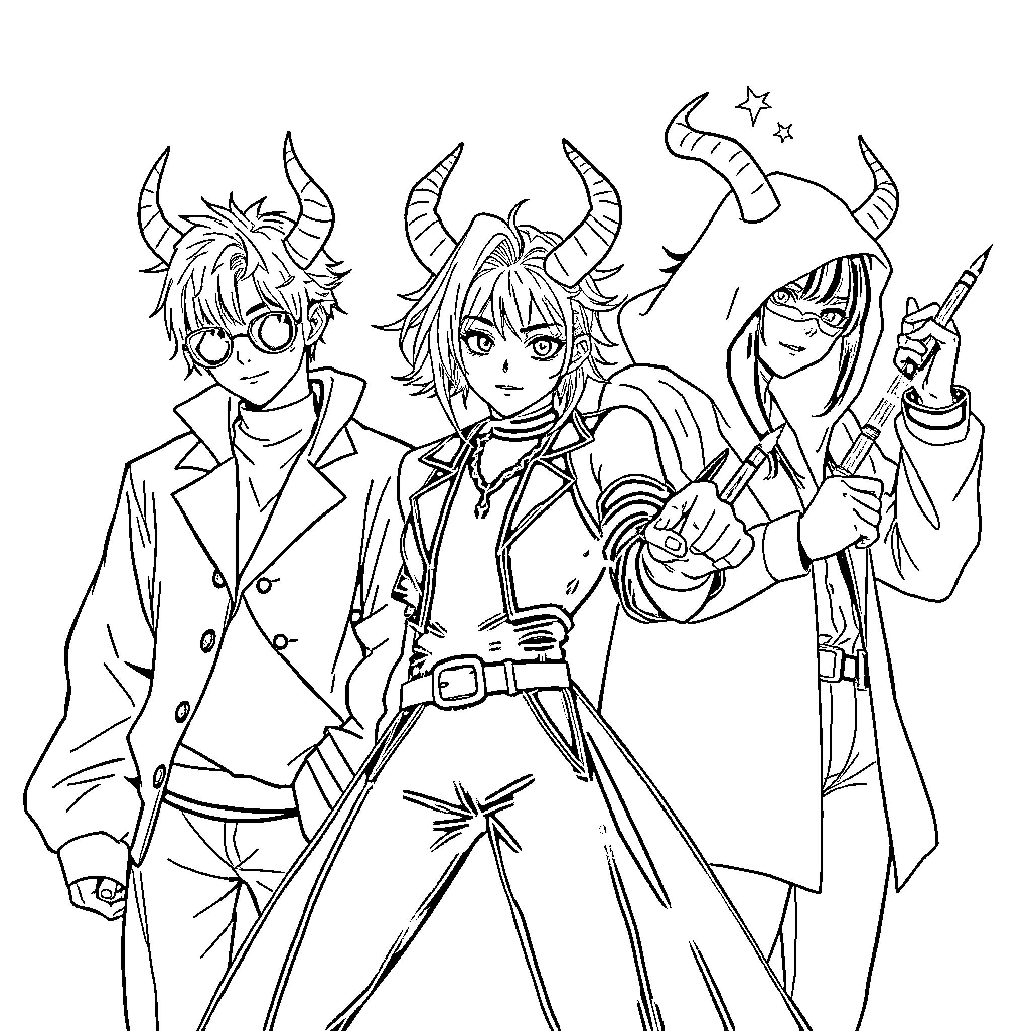 Demon Hunter Trio in Heroic Poses Coloring Page (free black-and-white line drawing printable PDF for all, from beginners to advanced learners, including children, teens, adults, and seniors)