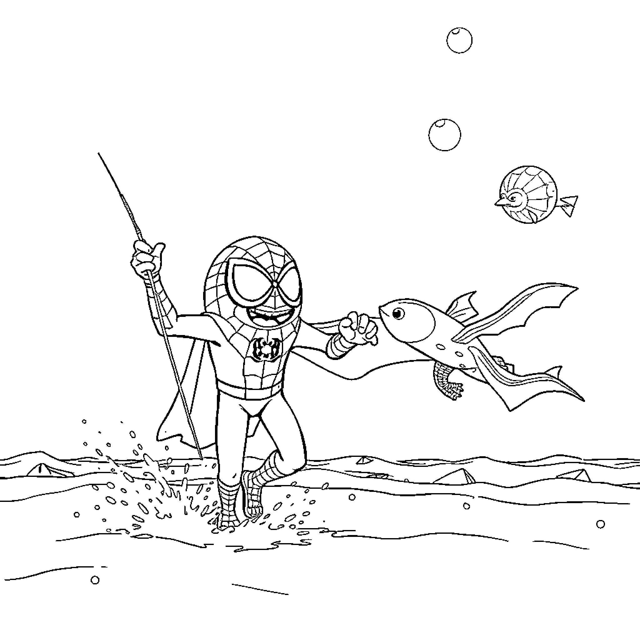 Homem-Aranha exploring underwater with fish Coloring Page (free black-and-white line drawing printable PDF for all, from beginners to advanced learners, including children, teens, adults, and seniors)