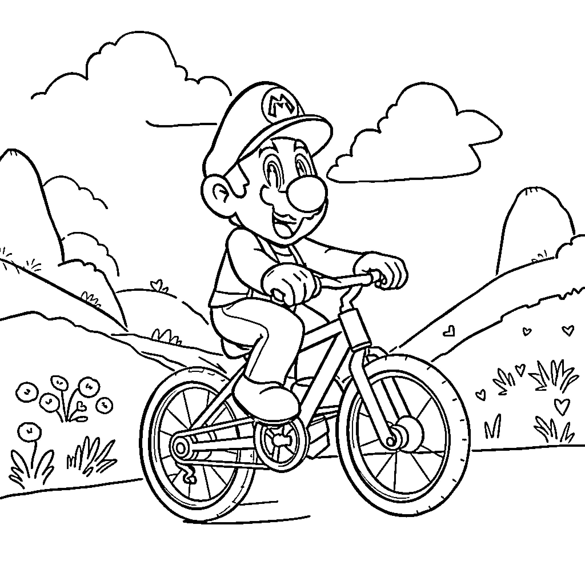 Mario riding a bicycle through a lush landscape Coloring Page (free black-and-white line drawing printable PDF for all, from beginners to advanced learners, including children, teens, adults, and seniors)