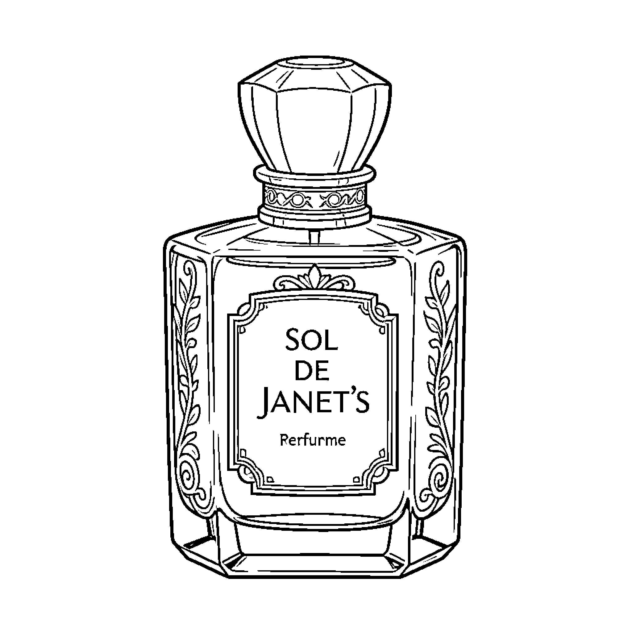 Perfume bottle with elegant decorative carvings and label Coloring Page (free black-and-white line drawing printable PDF for all, from beginners to advanced learners, including children, teens, adults, and seniors)