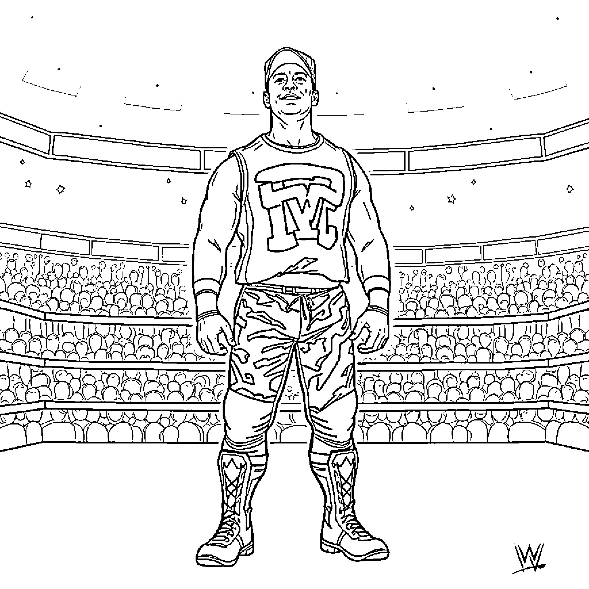 John Cena standing in a wrestling arena Coloring Page (free black-and-white line drawing printable PDF for all, from beginners to advanced learners, including children, teens, adults, and seniors)