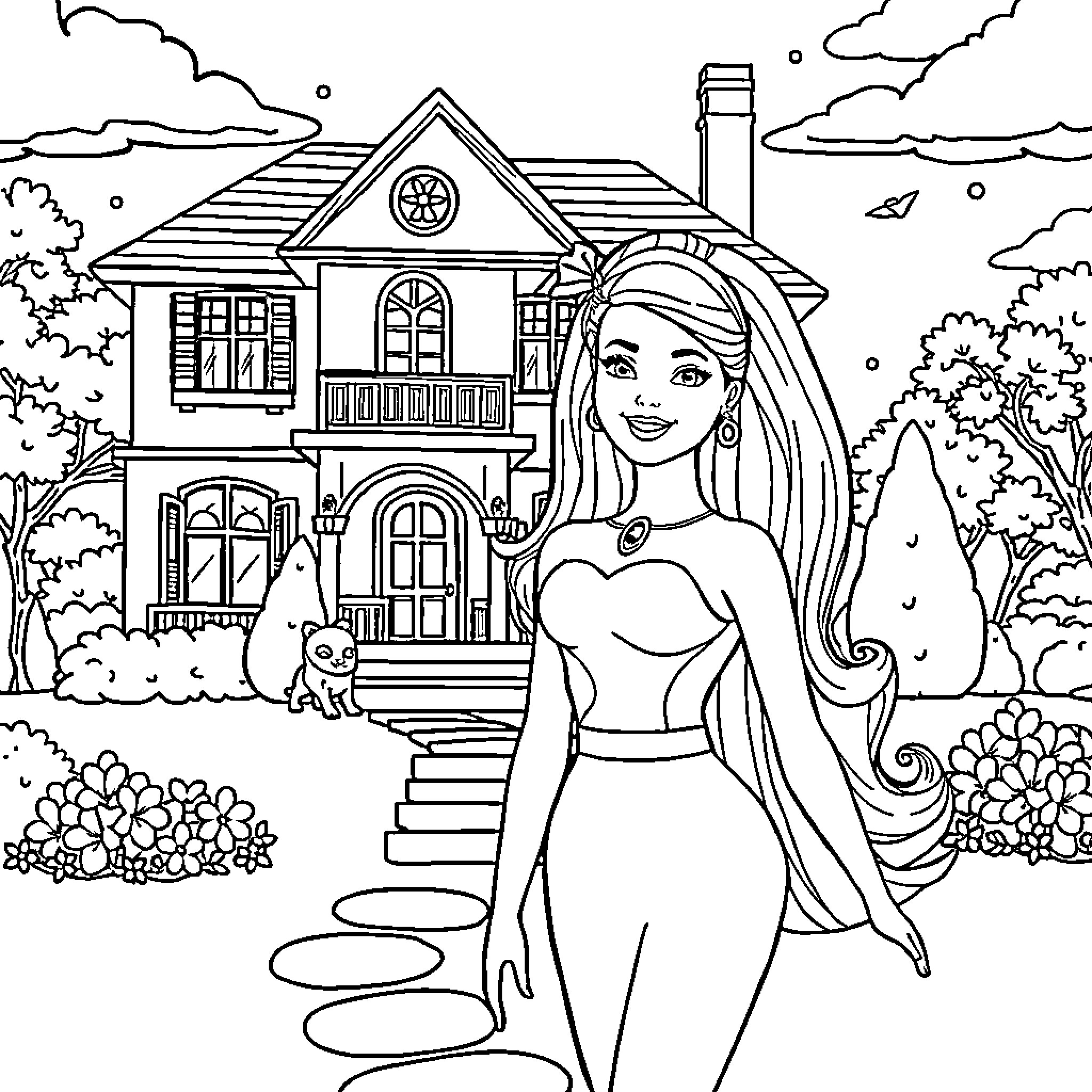 Barbie's Dream House Adventure Coloring Page (free black-and-white line drawing printable PDF for all, from beginners to advanced learners, including children, teens, adults, and seniors)