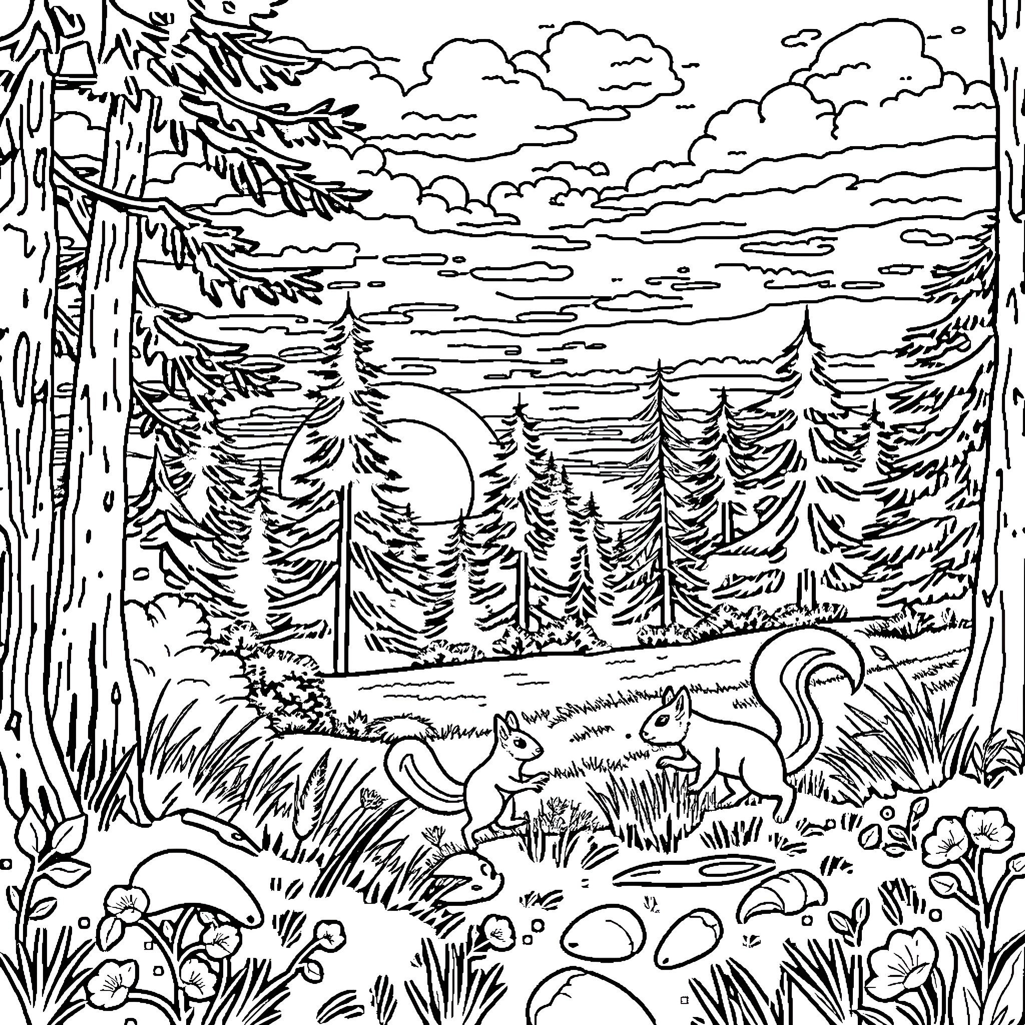 Squirrel foraging in peaceful forest landscape Coloring Page (free black-and-white line drawing printable PDF for all, from beginners to advanced learners, including children, teens, adults, and seniors)