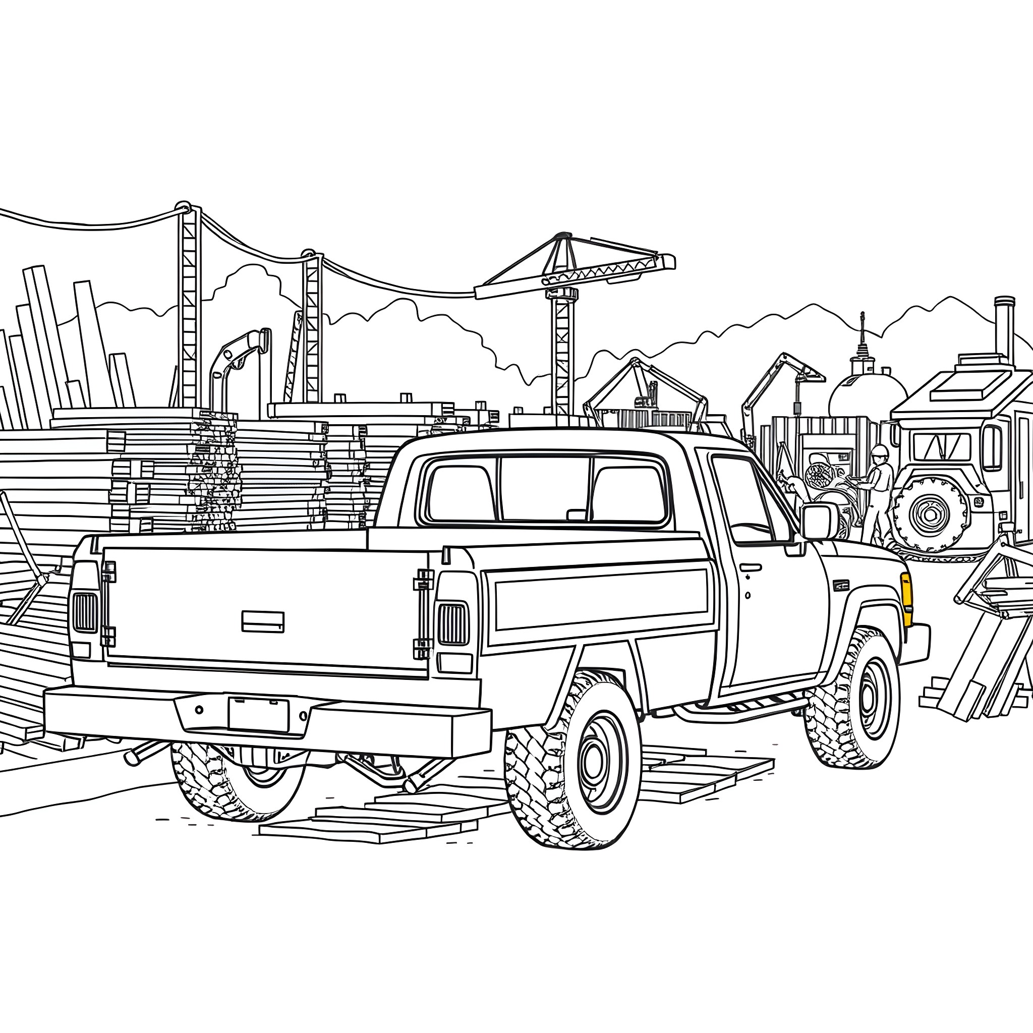Pickup truck on construction site Coloring Page (free black-and-white line drawing printable PDF for all, from beginners to advanced learners, including children, teens, adults, and seniors)