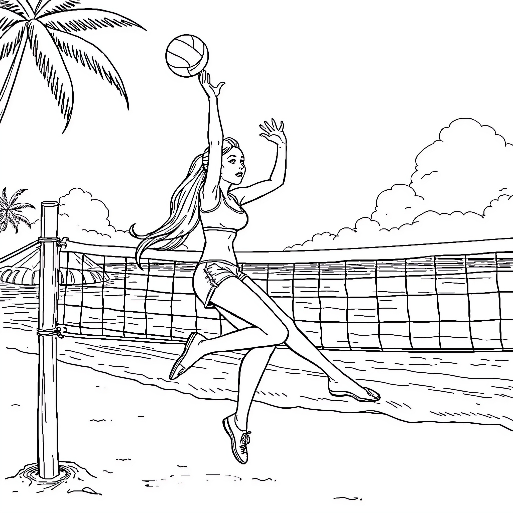 Girl playing beach volleyball in tropical setting Coloring Page (free black-and-white line drawing printable PDF for all, from beginners to advanced learners, including children, teens, adults, and seniors)